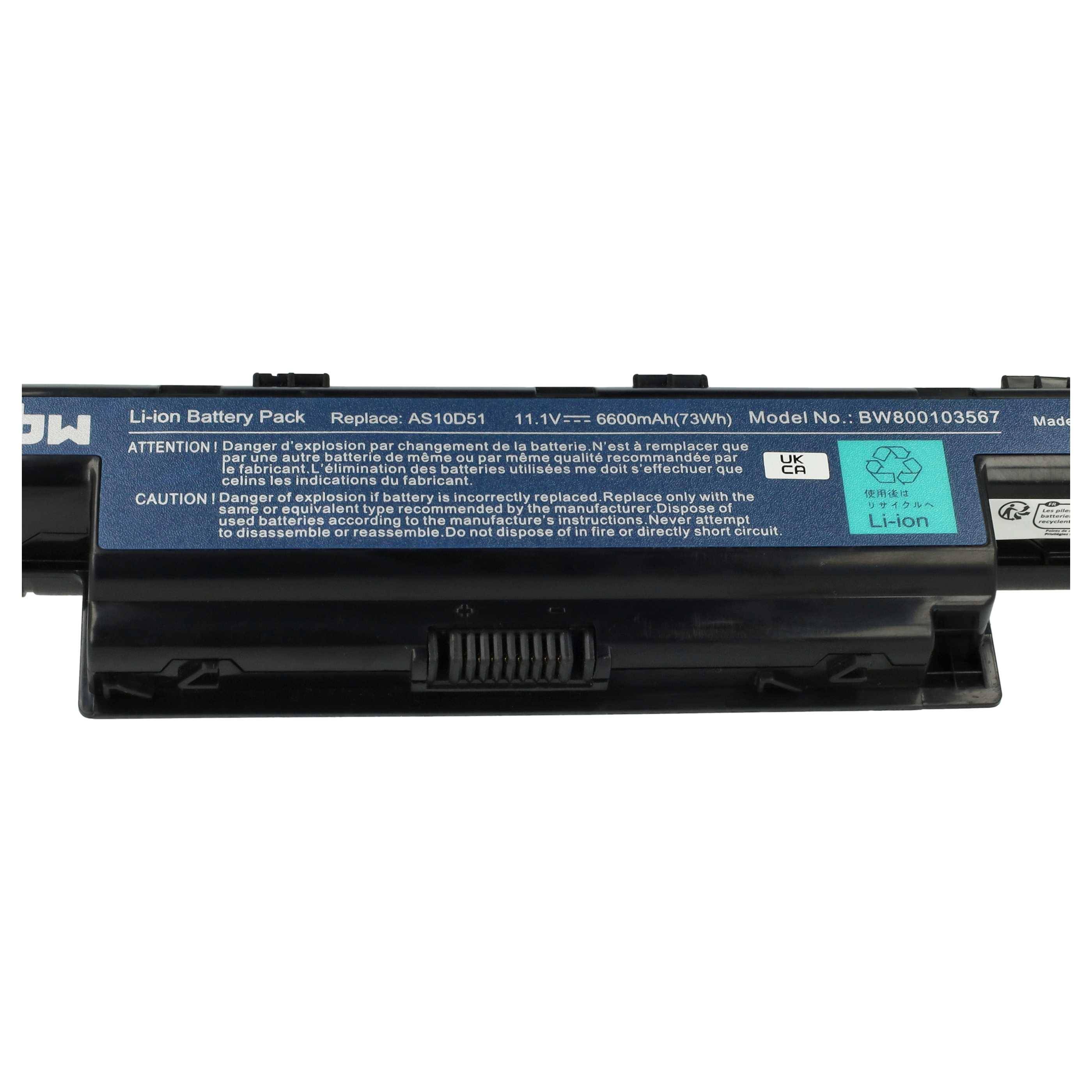 vhbw Akku kompatibel mit Gateway NV79C50u, NV79C51u, NV79C52u, NV79C54uV55C35u Notebook (6600 mAh, 11,1 V, Li-Ion) - Ersatz für 31CR19/652, AS10D31