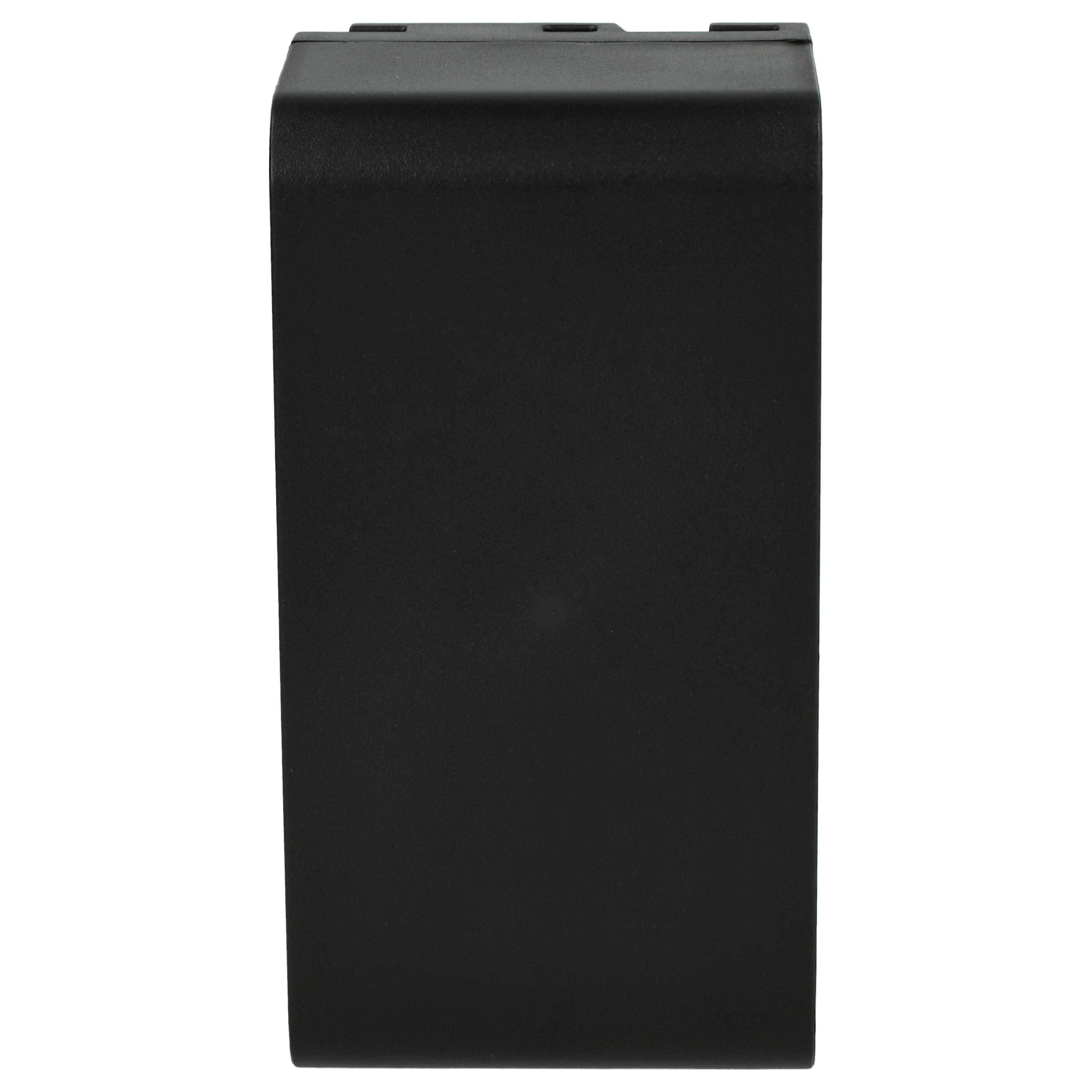 Ein rechteckiges schwarzes Batteriepaket von der Seite betrachtet, das seine blockige Form und glatte Oberfläche zeigt.