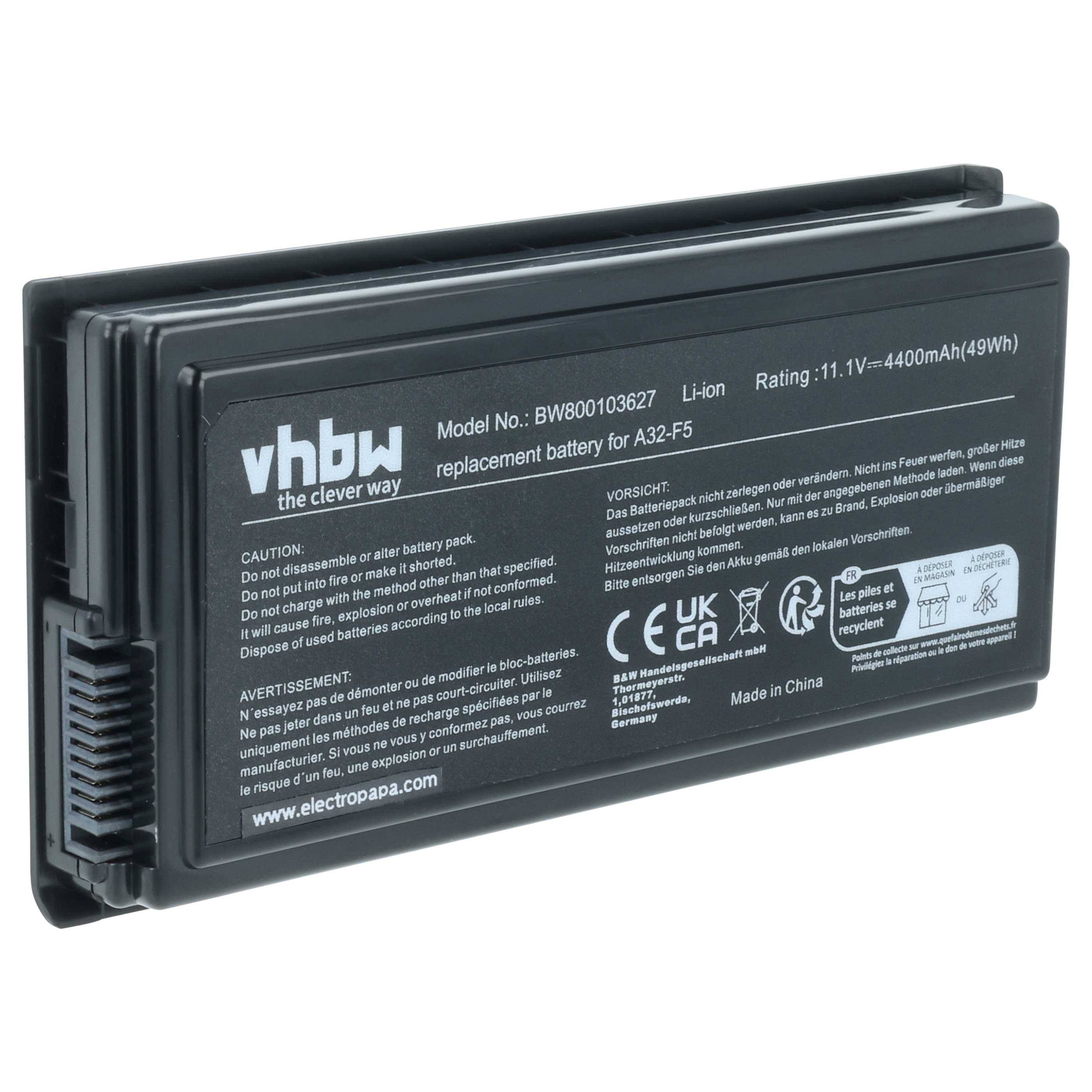 Ein rechteckiger Lithium-Ionen-Akku für Laptops der Marke 'vhbw', Modell BW800103627, mit 11,1V, 4400mAh, 49Wh.