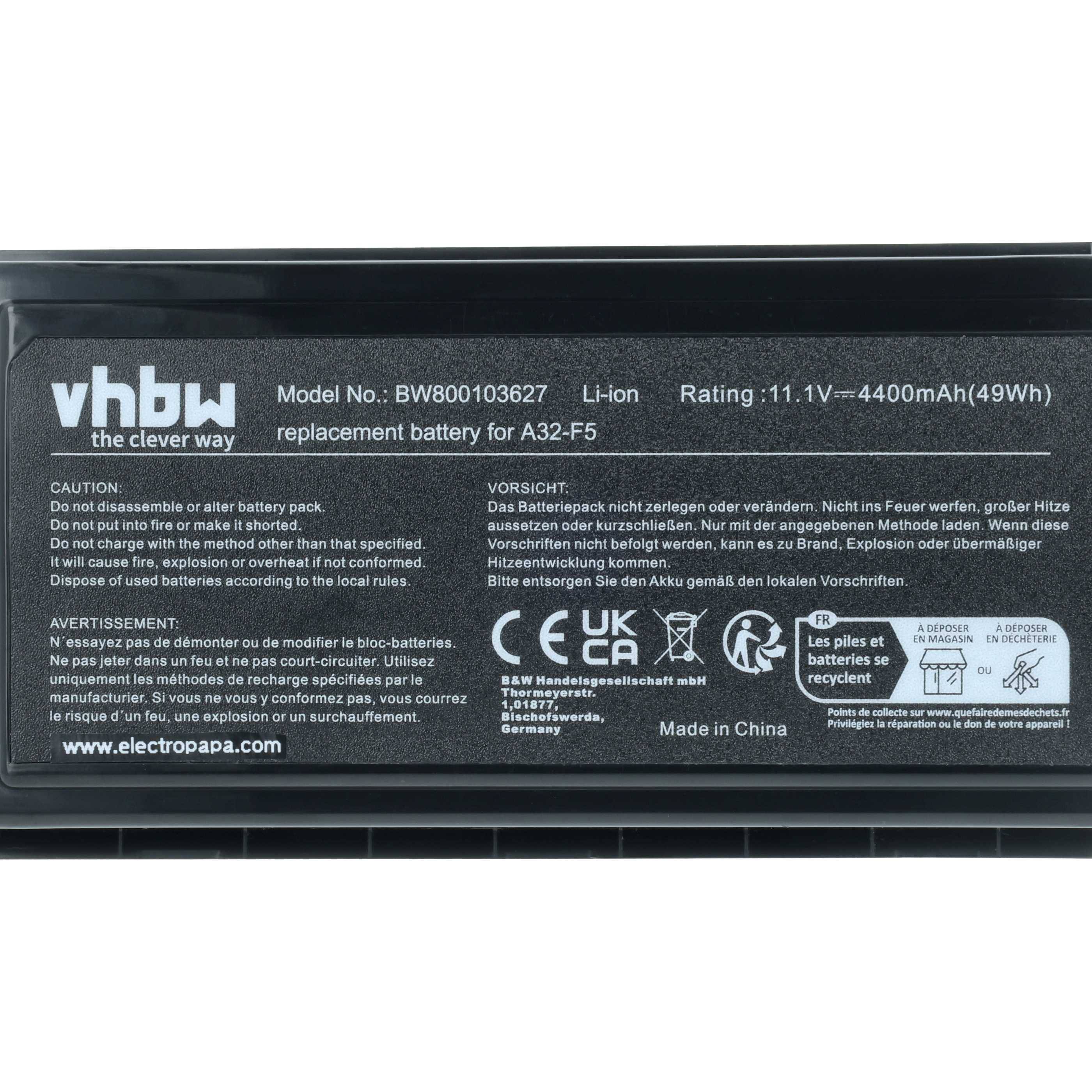 Akku für A32-F5 Laptop, Modell BWB80013627, Li-Ion, 4400mAh, 49Wh, 11,1V. Hersteller: vhbw. VORSICHT: Akku nicht zerlegen oder verändern. Hergestellt in China.