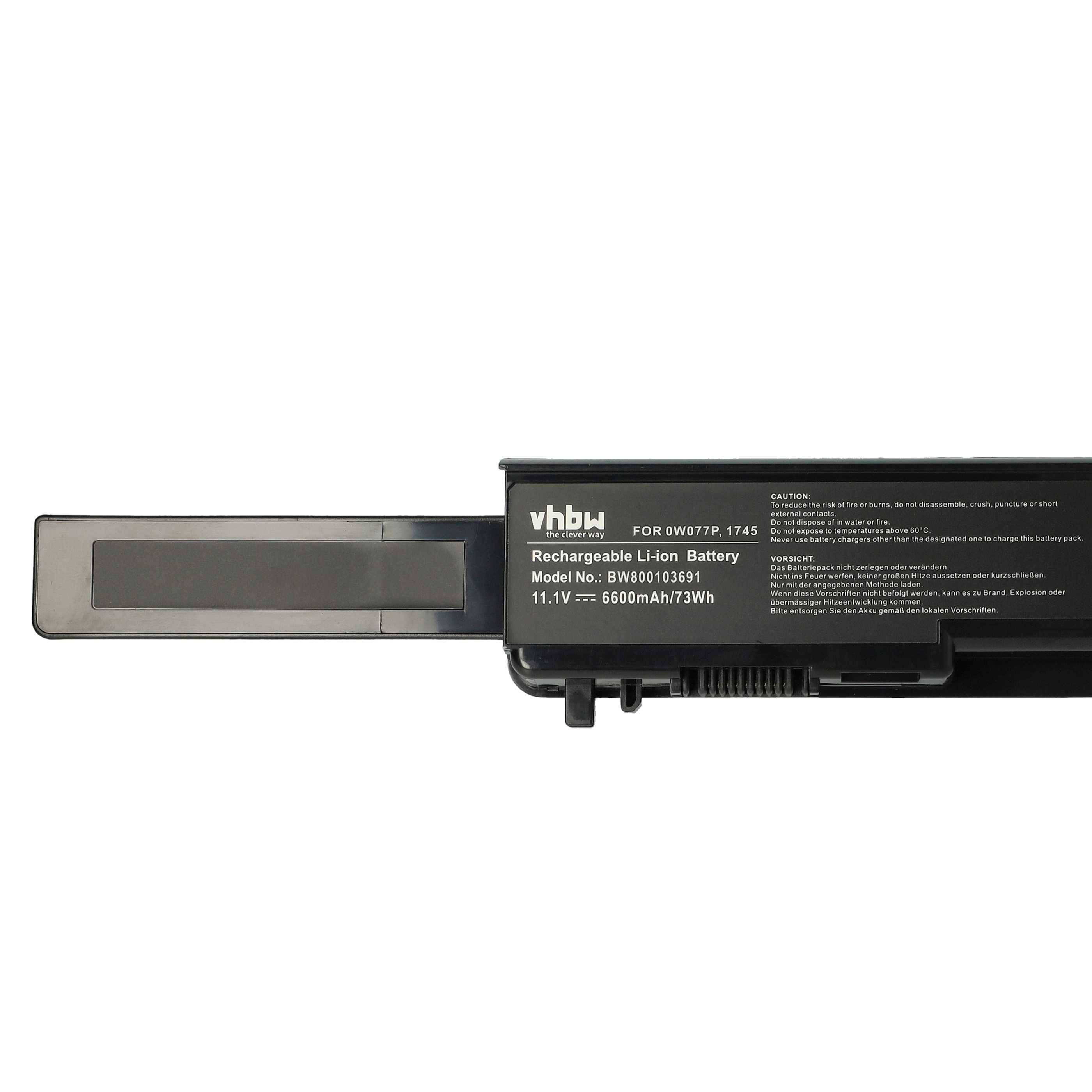 vhbw 1x Akku kompatibel mit Dell Studio 1747, 1749, P02E, 17, 1745 Notebook (6600 mAh, 11,1 V, Li-Ion)