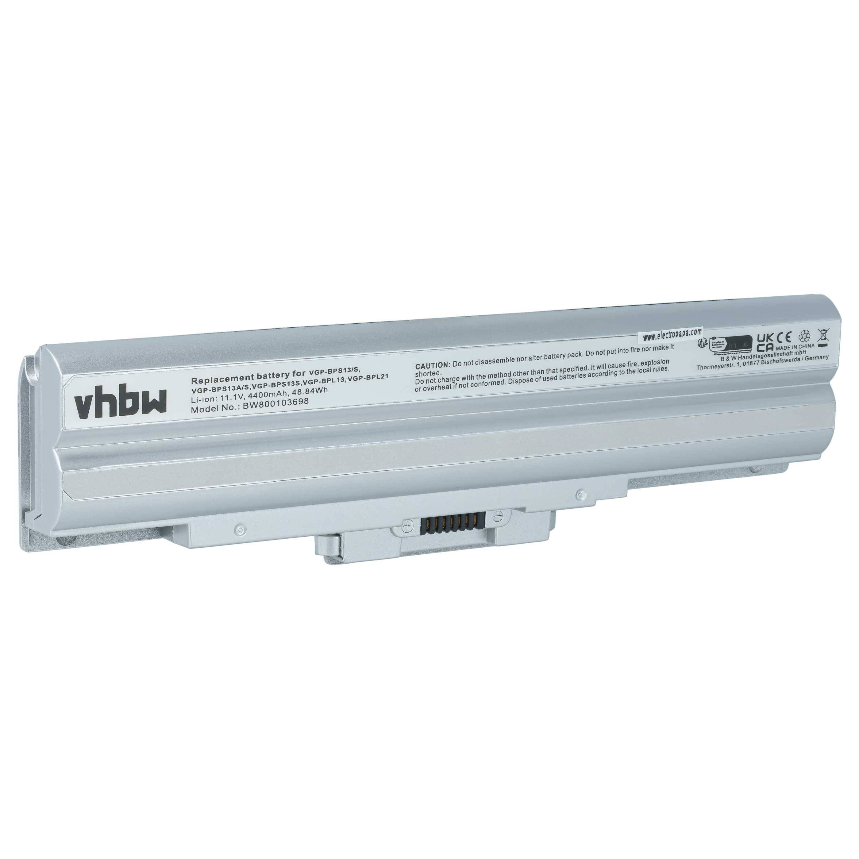 vhbw Akku kompatibel mit Sony Vaio VGN-SR165ES | VGN-SR165EP, VGN-SR165NB Notebook (4400 mAh, 11,1 V, Li-Ion) - silber