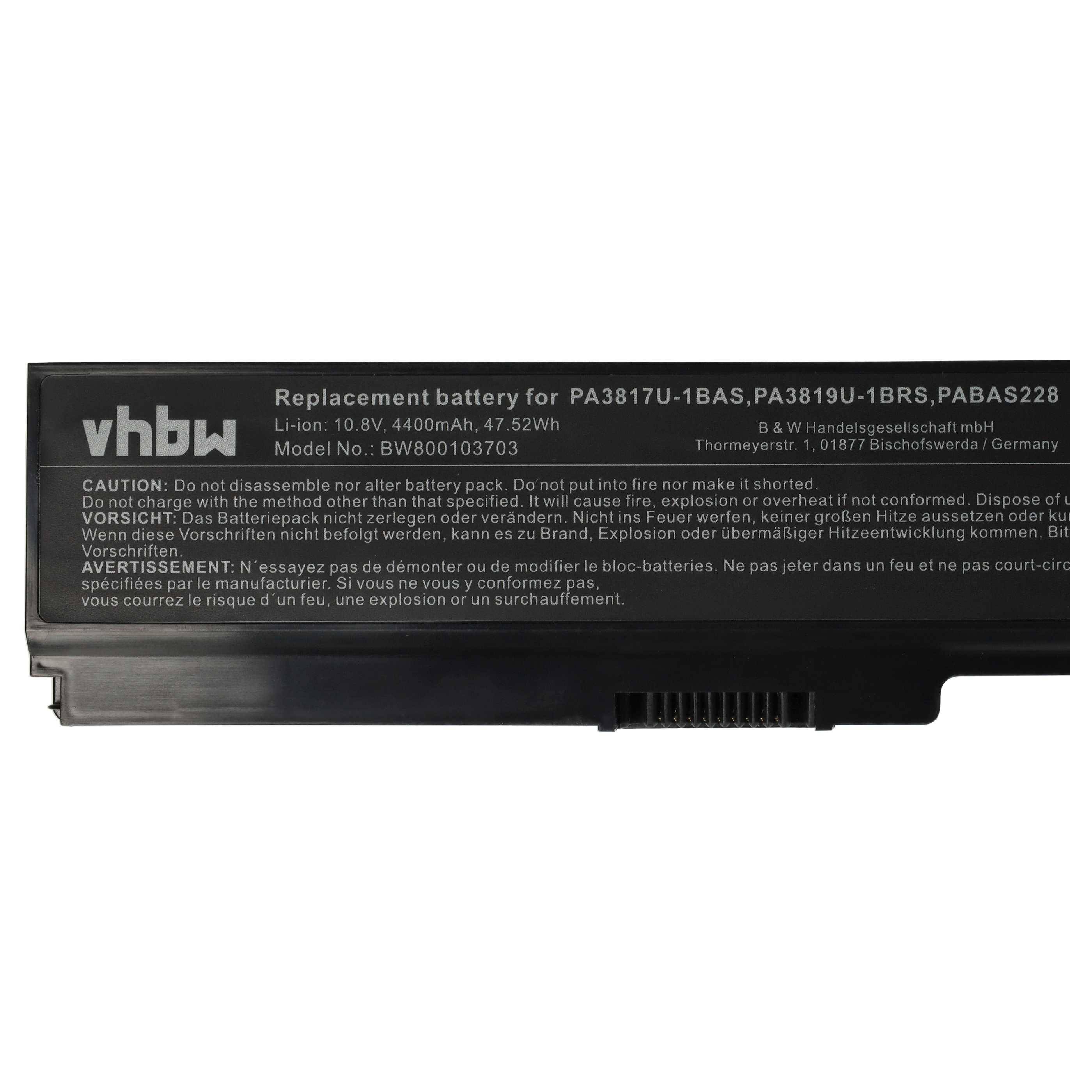 vhbw Akku kompatibel mit Toshiba Satellite L755-S5357, L755-S5358, L755-S5362, L755-S5360 Notebook (4400 mAh, 10,8 V, Li-Ion)