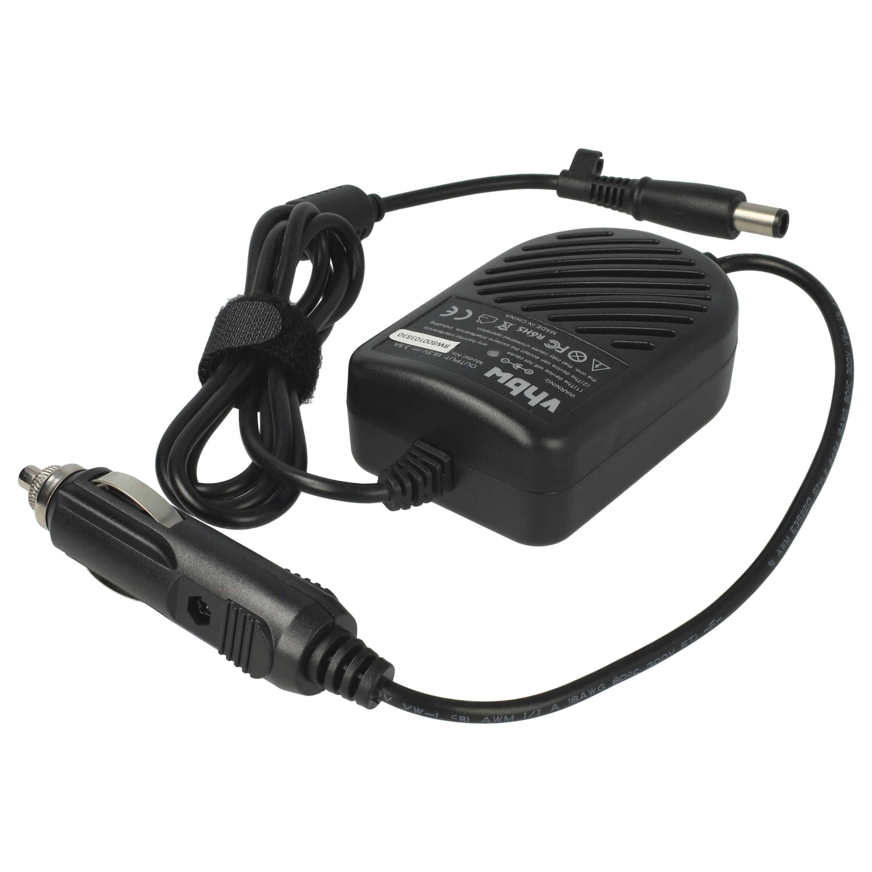 Ein schwarzer Auto-Stromwandler mit Kabel und Anschluss-Stecker, ausgestattet mit einer belüfteten Konstruktion und sichtbaren Sicherheitszertifizierungsetiketten auf seiner Oberfläche.