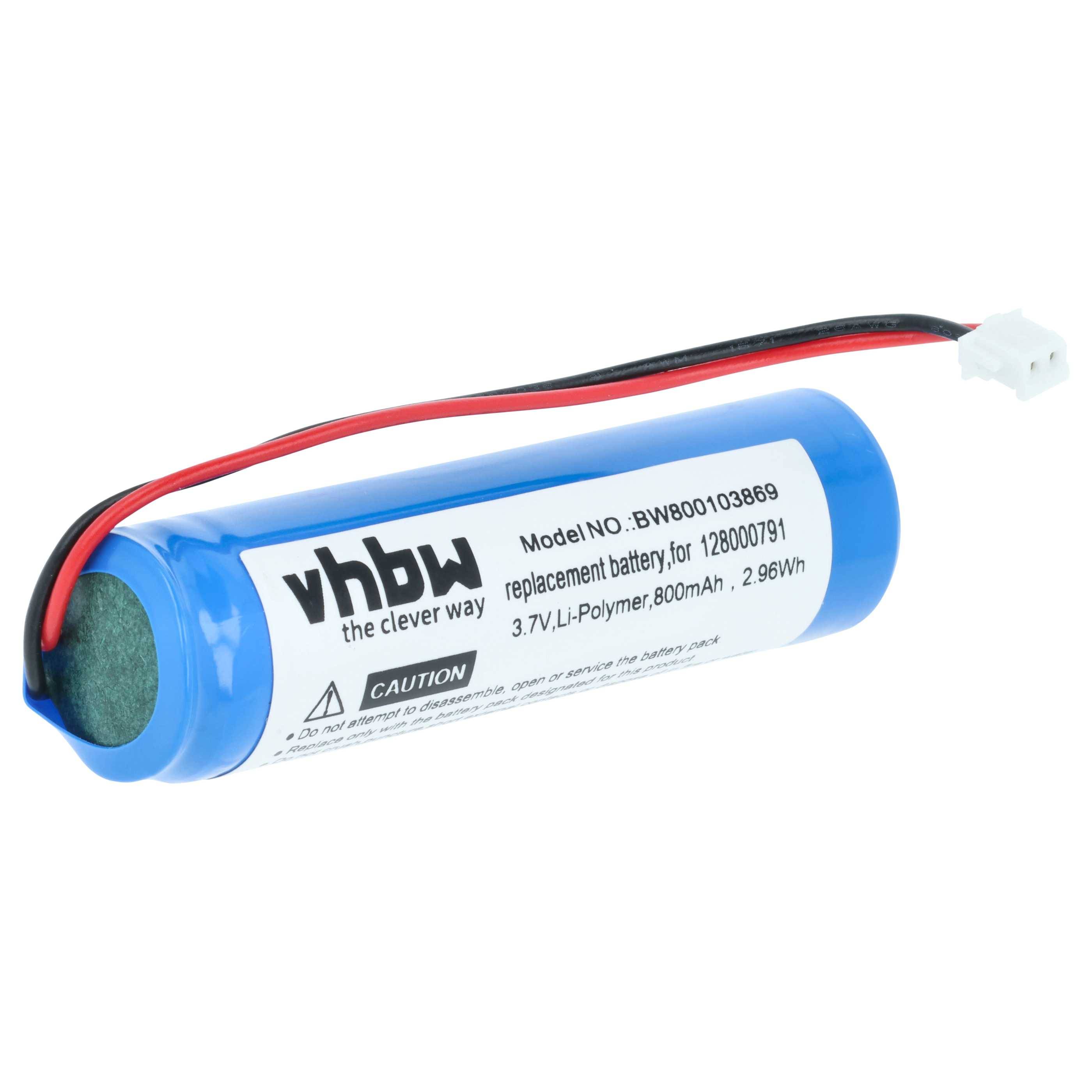 Eine mit 'vhbw' markierte blaue zylindrische Batterie, gekennzeichnet als 3,7V Li-Polymer-Akku mit 800mAh, ausgestattet mit roten und schwarzen Leitungen und einem weißen Steckverbinder.