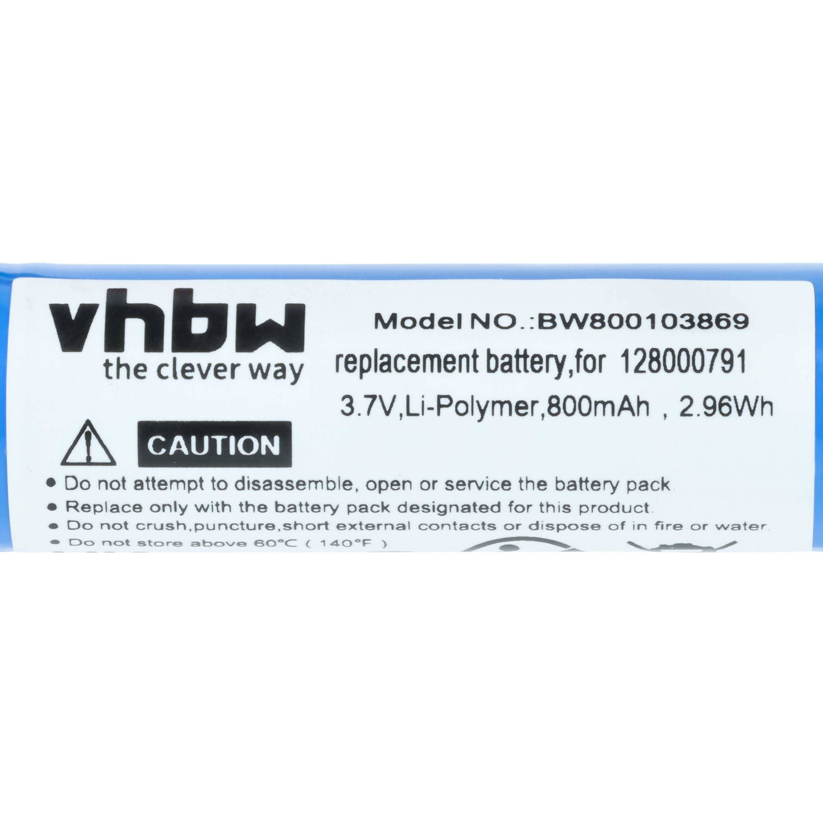 vhbw die clevere Art' Ersatzakkuetikett. Modell BW800103869, 3,7V, Li-Polymer, 800mAh, 2,96Wh. Warnung: Vorsichtig behandeln.