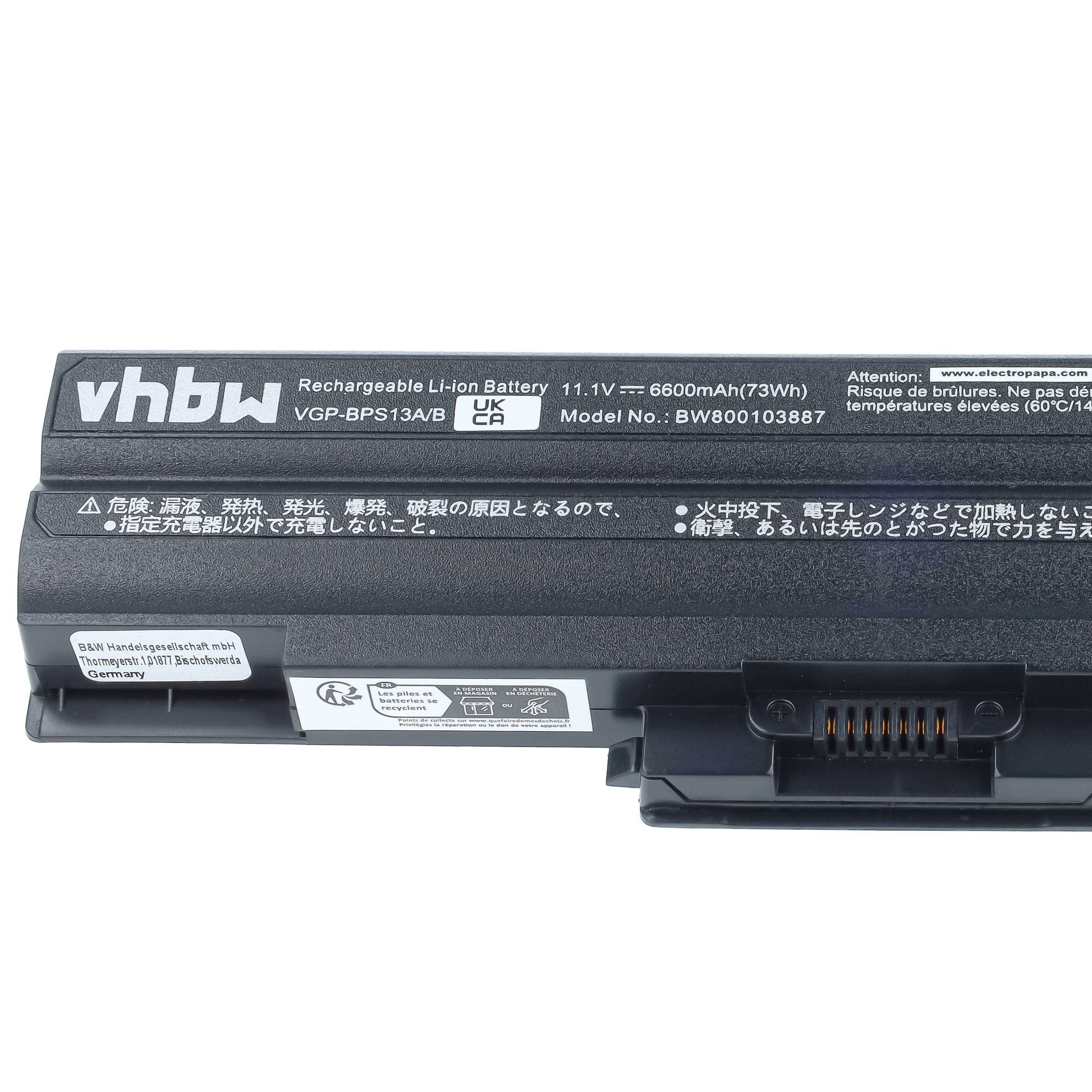 Schwarzes vhbw wiederaufladbares Lithium-Ionen-Akkupack mit Aufschrift 11,1V 6600mAh für einen Laptop, dargestellt auf weißem Hintergrund.