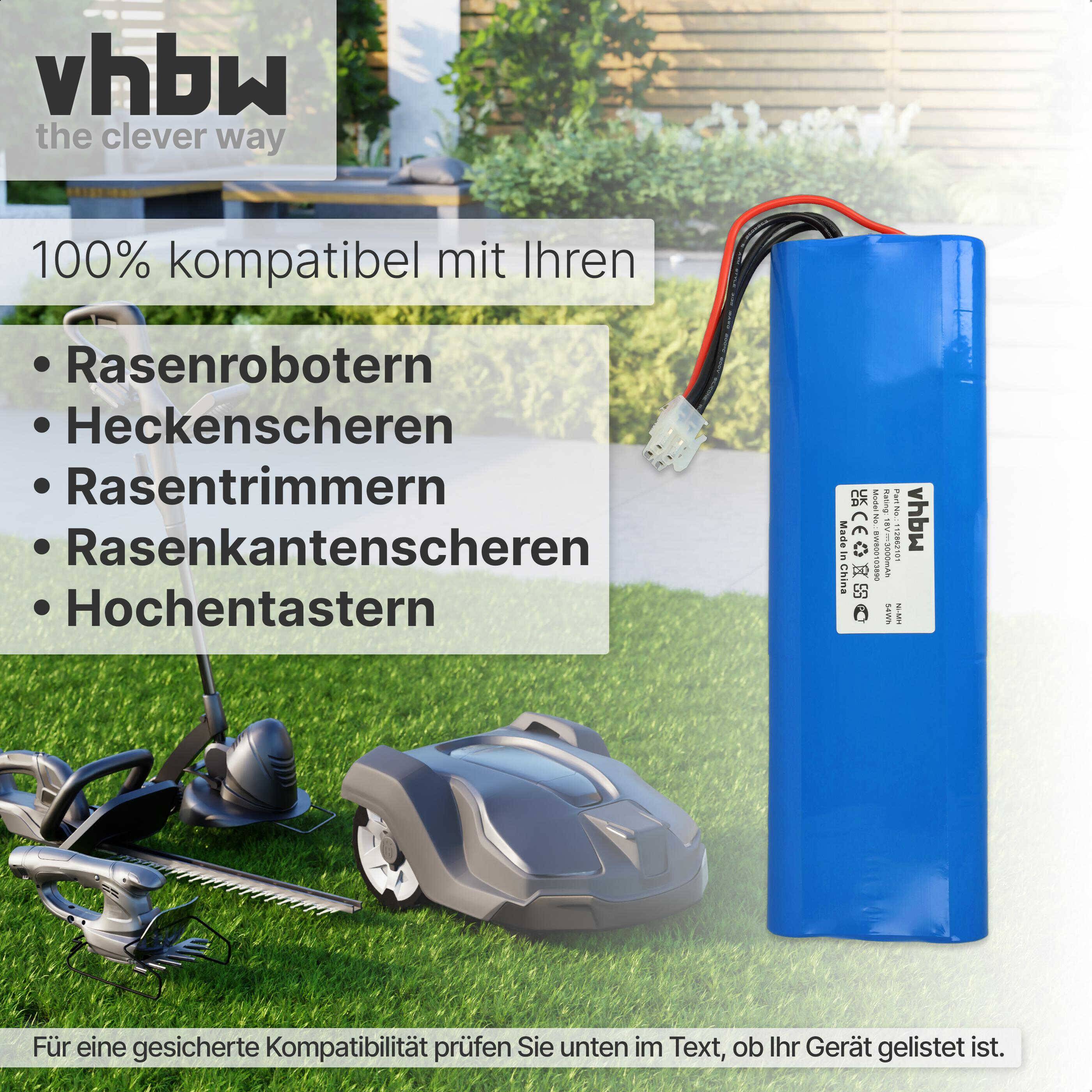 vhbw 1x Akku Ersatz für Husqvarna 540059601, 540059602, AU-18C, AU-18V für Rasenmäher (3000mAh, 18V, NiMH)