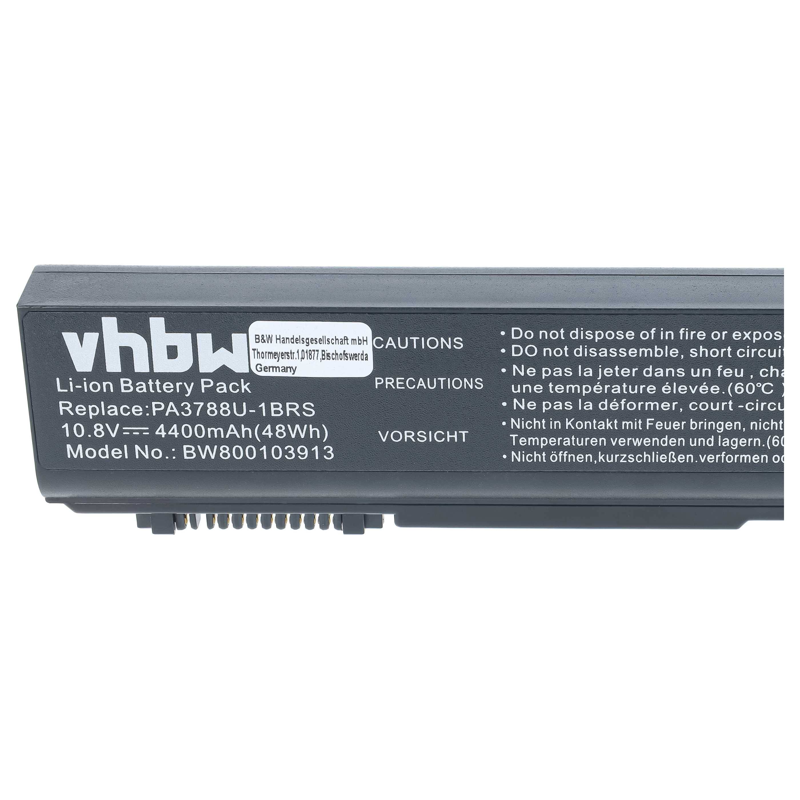 Schwarzer vhbw Li-Ionen Akku mit der Bezeichnung Ersatz: PA3788U-1BRS, 10,8V 4400mAh für einen Laptop
