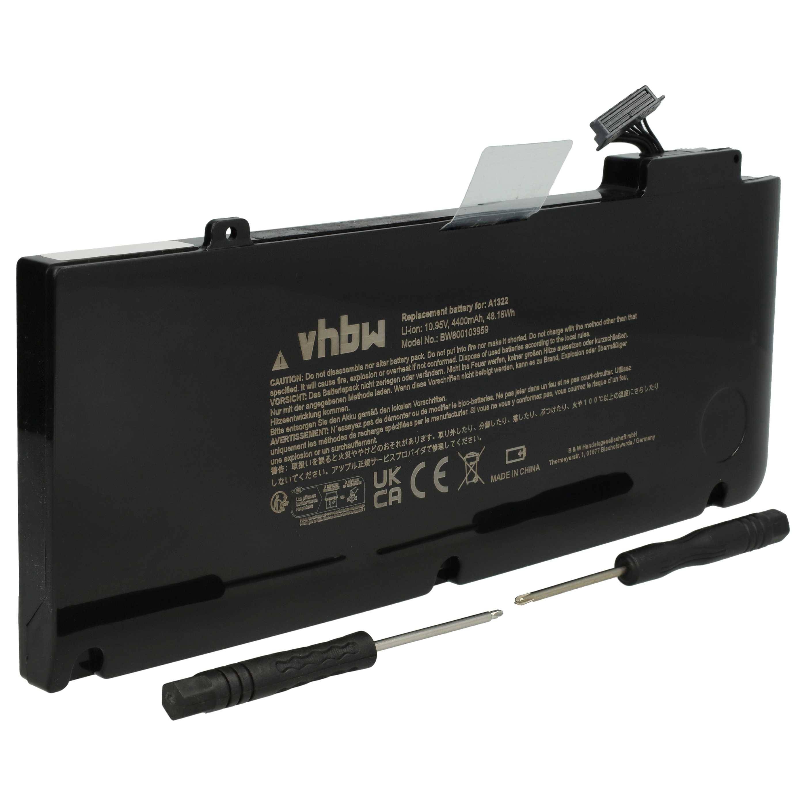 vhbw Akku kompatibel mit Apple Macbook Pro 13 Zoll MB991J/A, 13 Zoll MB991CH/A Notebook (4400 mAh, 10,95 V, Li-Polymer)
