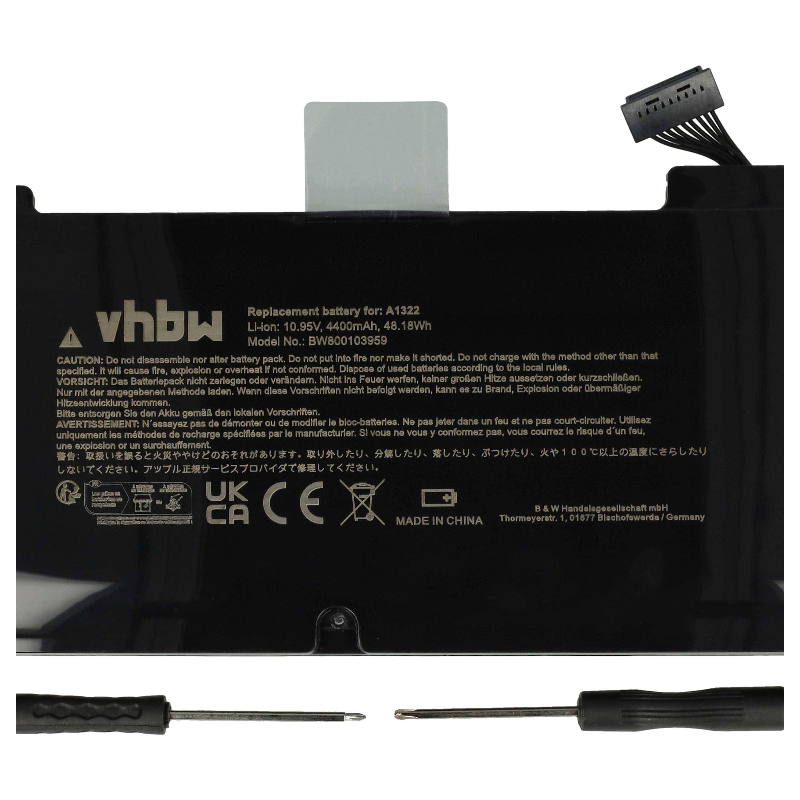 vhbw Akku kompatibel mit Apple Macbook Pro 13 Zoll MB991TA/A, 13 Zoll MB991LL/A Notebook (4400 mAh, 10,95 V, Li-Polymer)