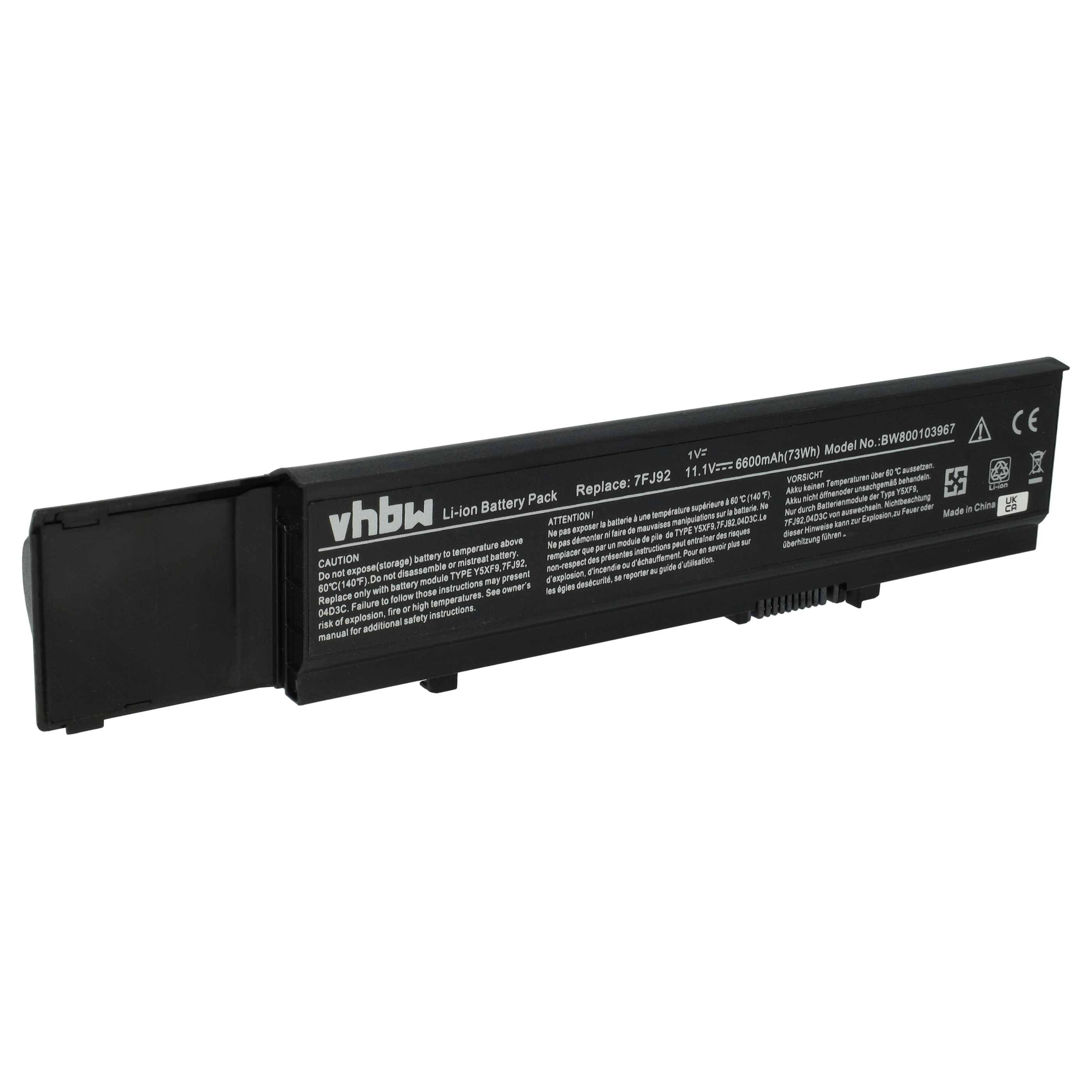 vhbw Akku Ersatz für Dell JK6R, CYDWV, Y5XF9, TY3P4 für Notebook (6600 mAh, 11,1 V, Li-Ion)