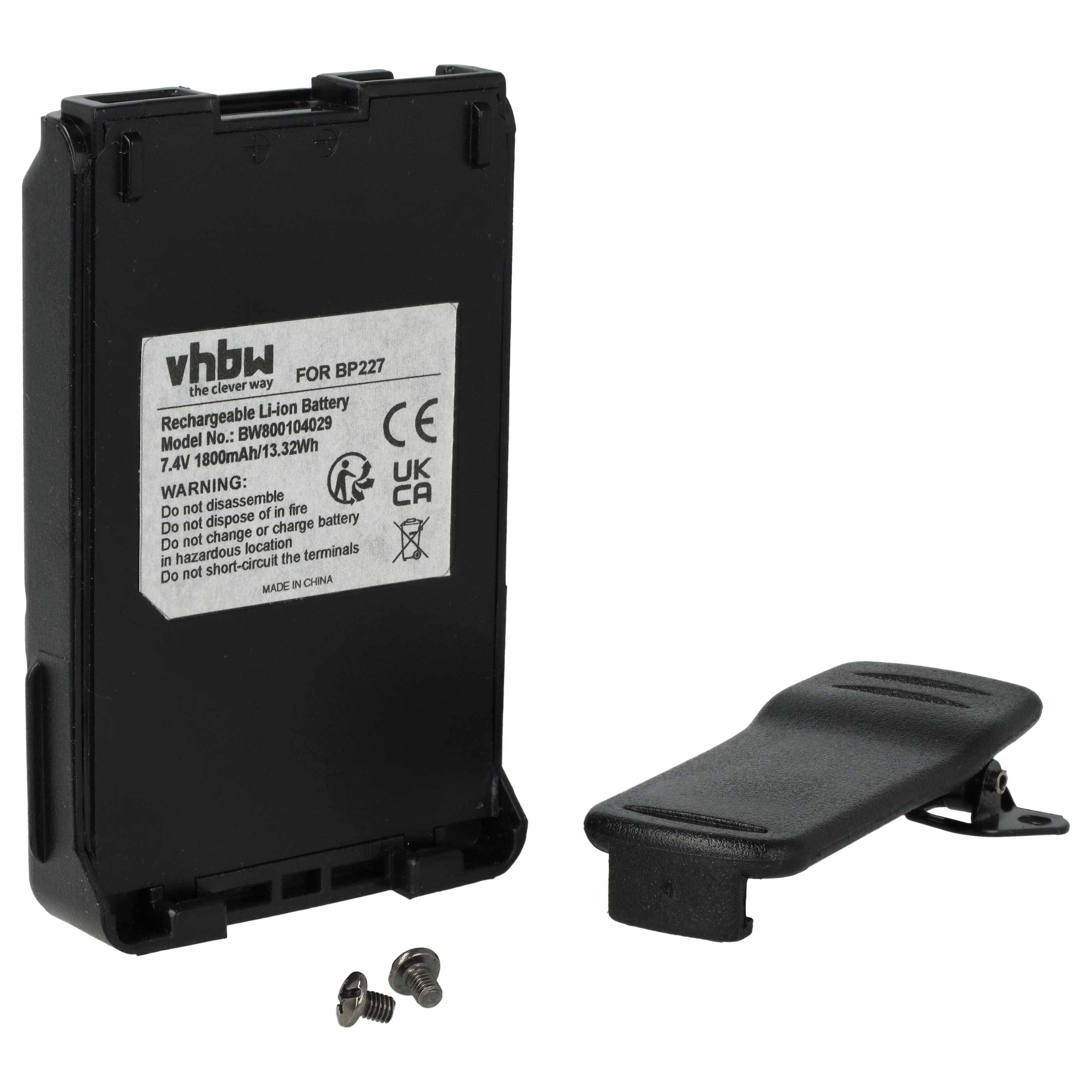 vhbw Akku kompatibel mit Icom IC-M87, IC-F61V, IC-M88, IC-F88, IC-U80E Funkgerät, Walkie Talkie (1800 mAh, 7,4 V, Li-Ion) + Gürtelclip