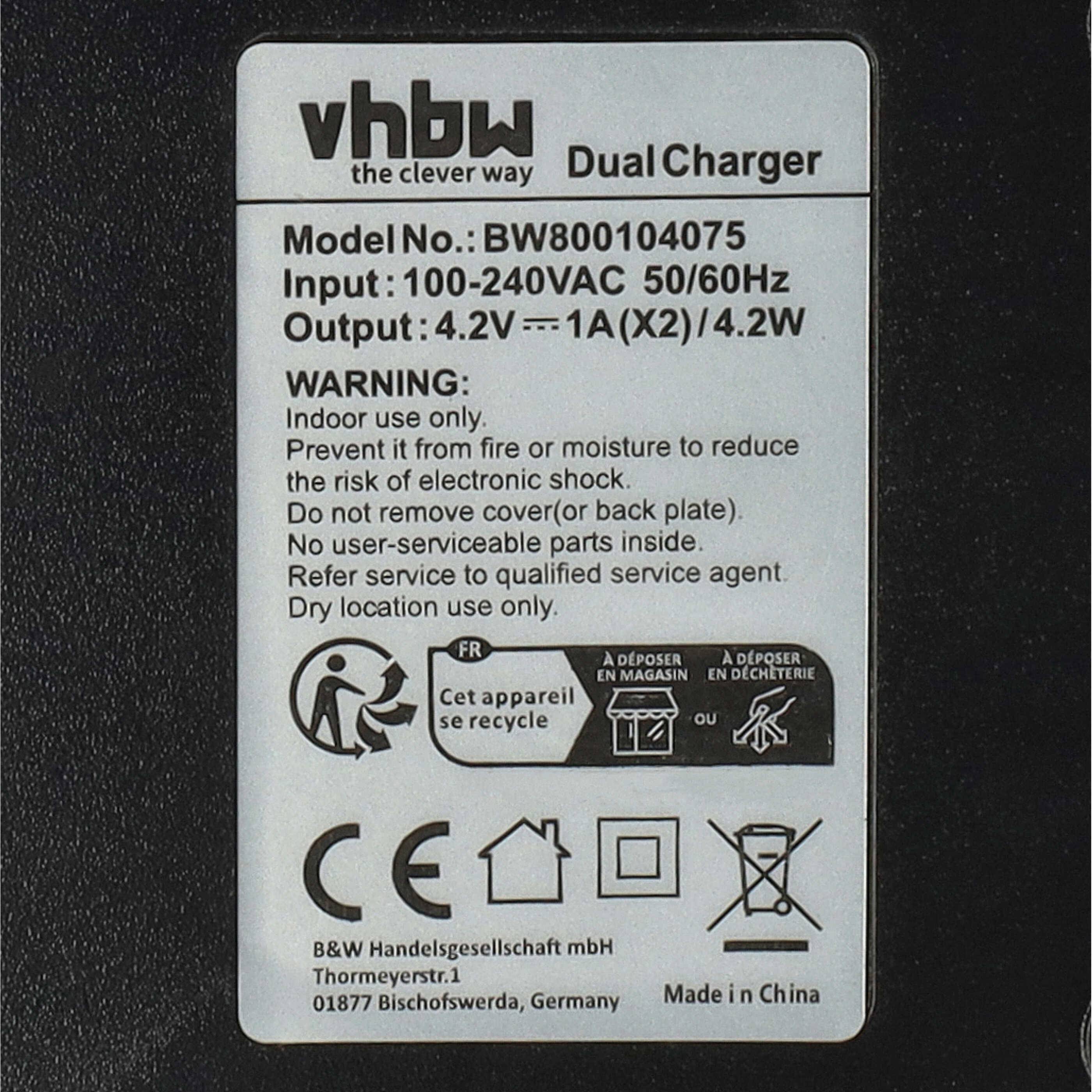 Etikett auf vhbw Doppelladegerät Modell BW800104075, Eingang 100-240VAC 50/60Hz, und Ausgang 4,2V 1A x2; enthält Sicherheitswarnungen und Recycling-Symbole.