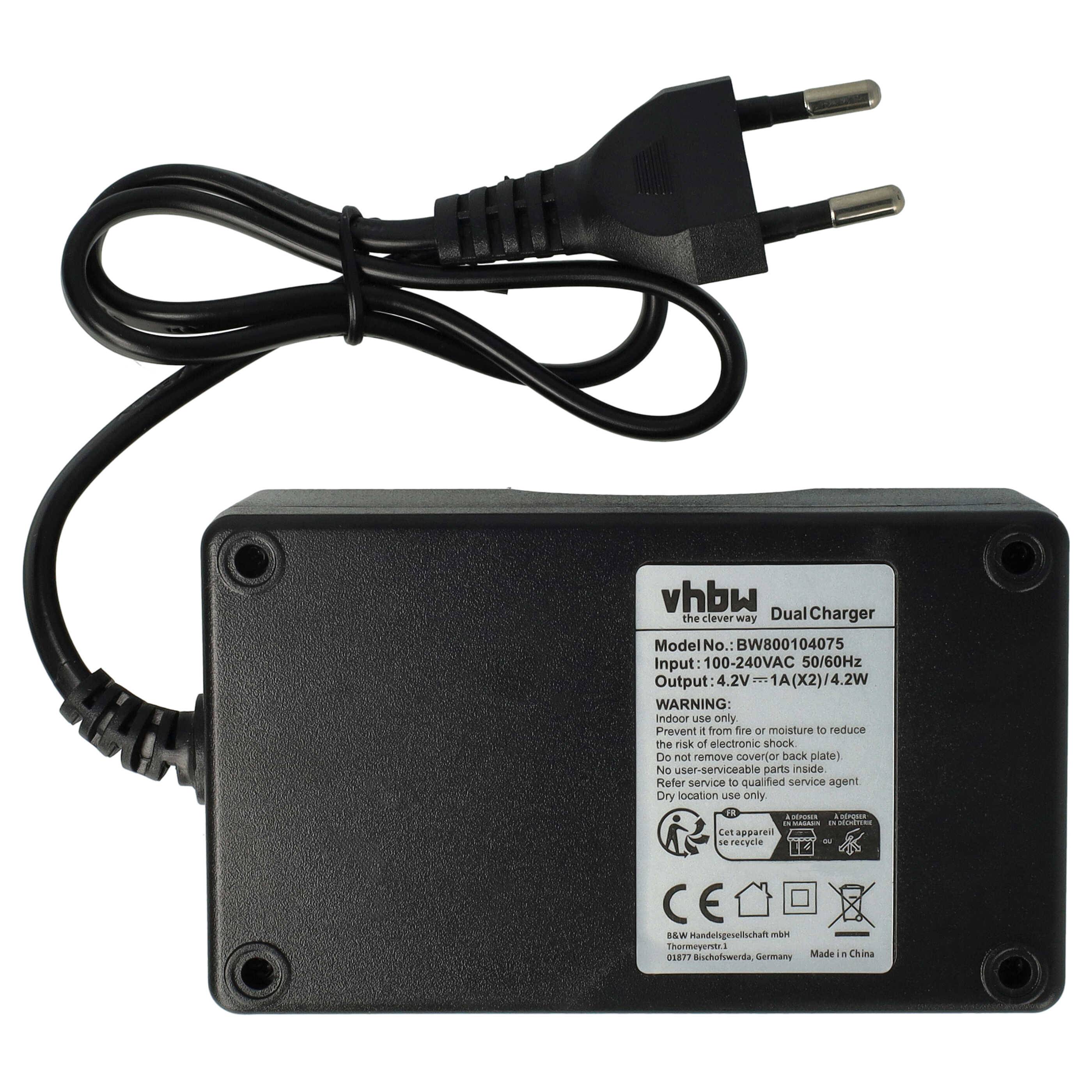 Schwarzer vhbw DualCharger Stromadapter mit angebrachtem europäischem Stecker und Etikett auf der Vorderseite.