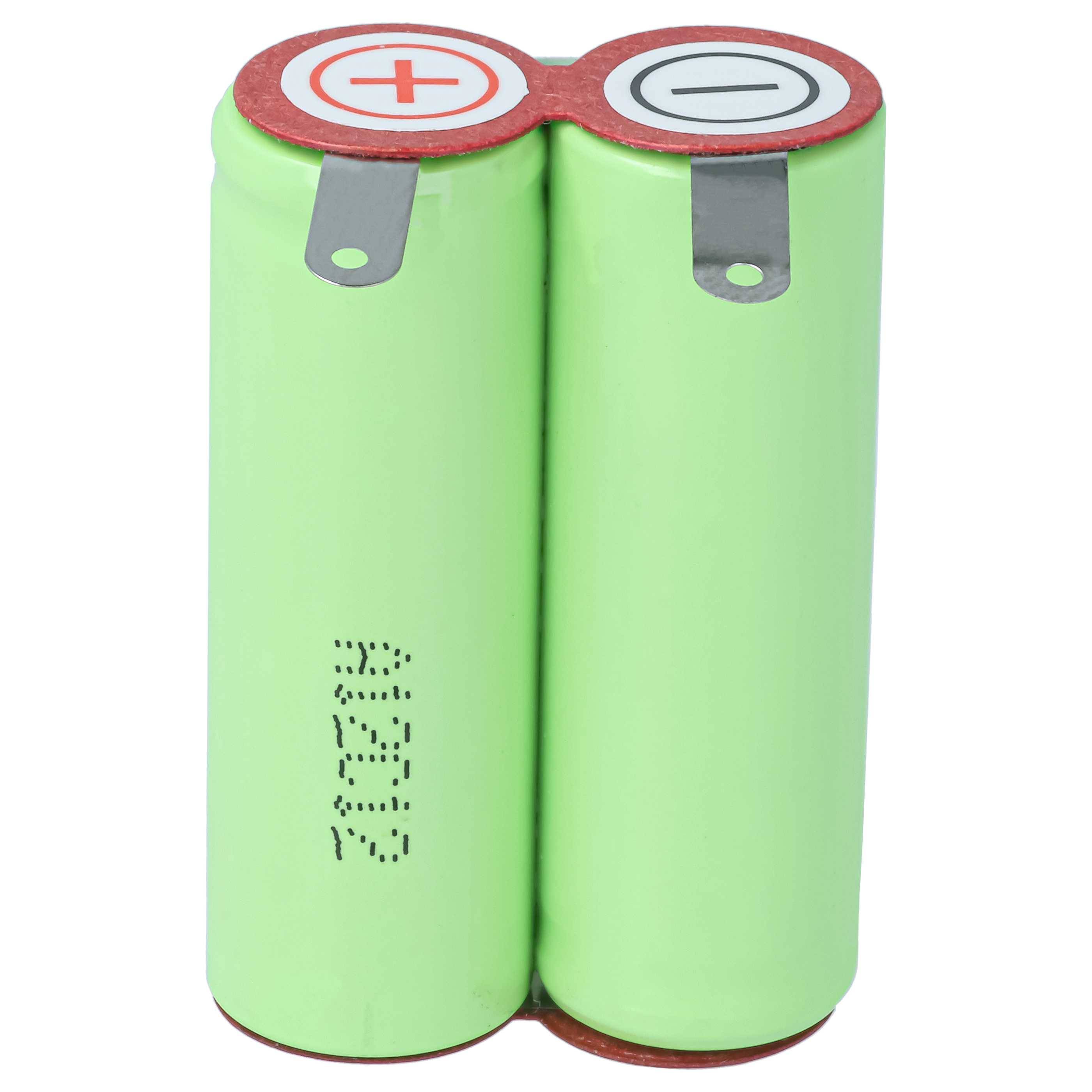 Zwei grüne wiederaufladbare Batteriezellen nebeneinander angeordnet, mit positiven und negativen Anschlüssen oben gekennzeichnet.