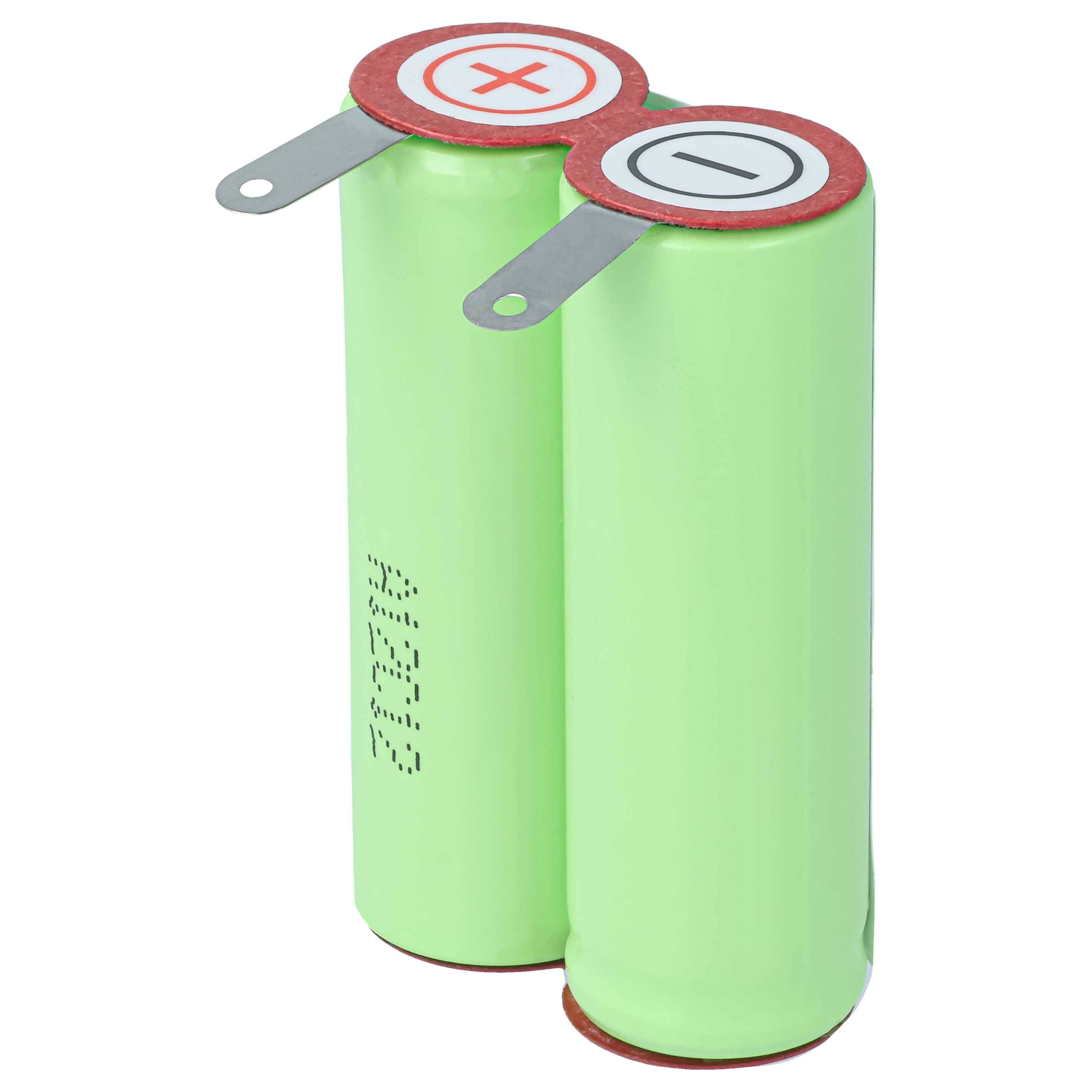 Zwei grüne zylindrische wiederaufladbare Batteriezellen mit Metallfahnen, eine mit Plus und die andere mit Minus gekennzeichnet.