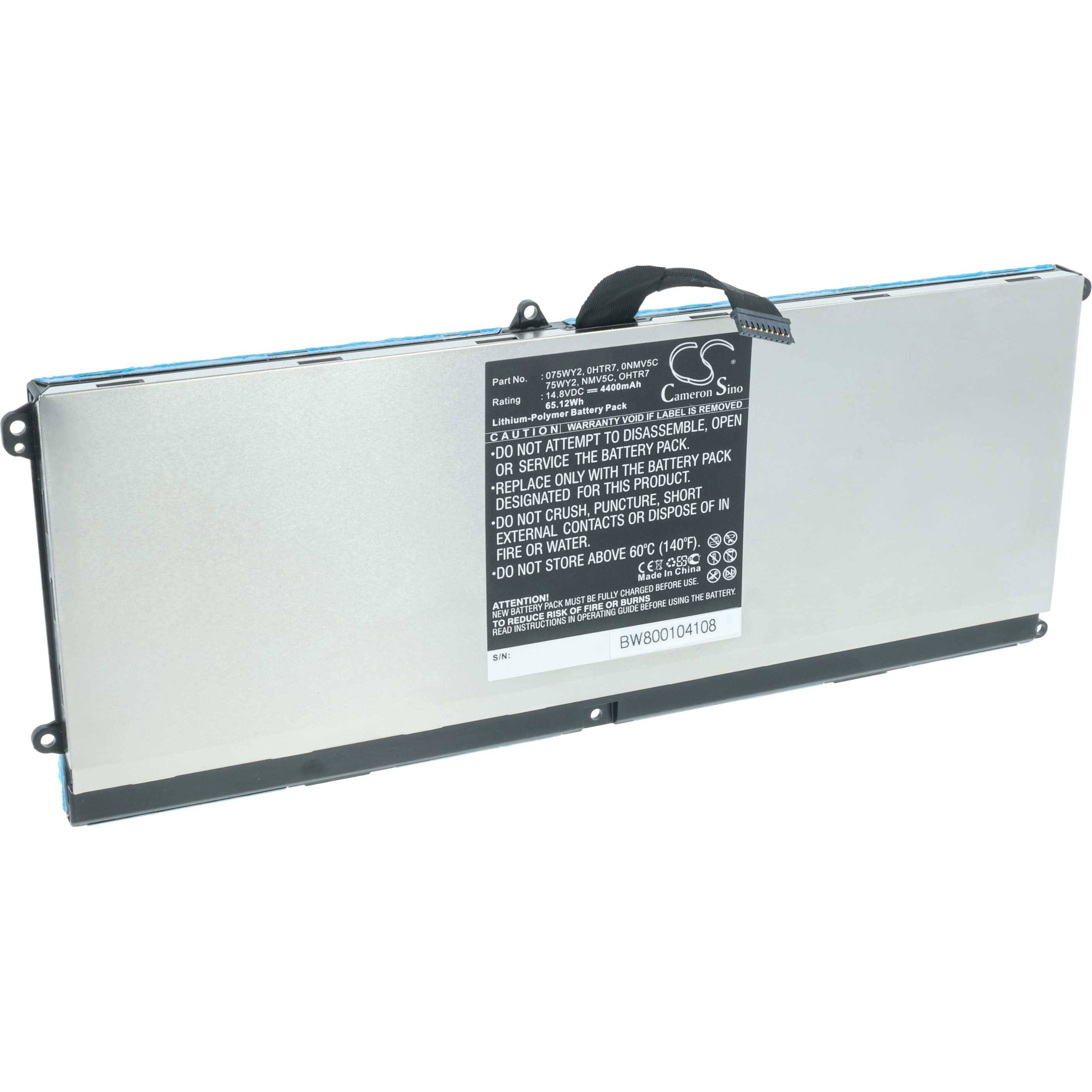 Ein rechteckiger Laptop-Akku mit einem angebrachten Warnschild, das Spezifikationen und Sicherheitsanweisungen zeigt.