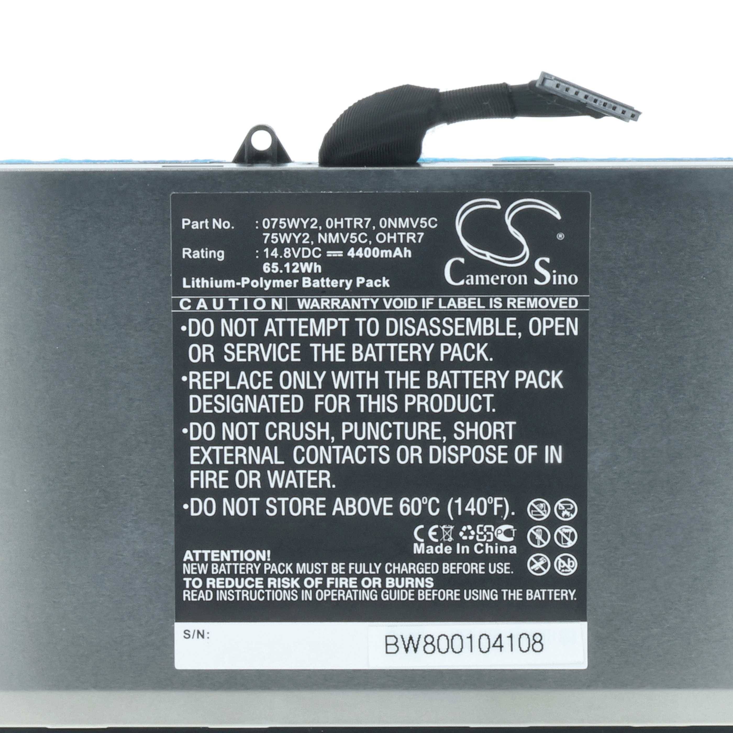 Batteriekennzeichnung zeigt Spezifikationen: Modell 075WY2, 7,4V, 4400mAh, 65,12Wh. Vorsichtsmaßnahmen zur Vermeidung von Schäden und ordnungsgemäße Verwendung.