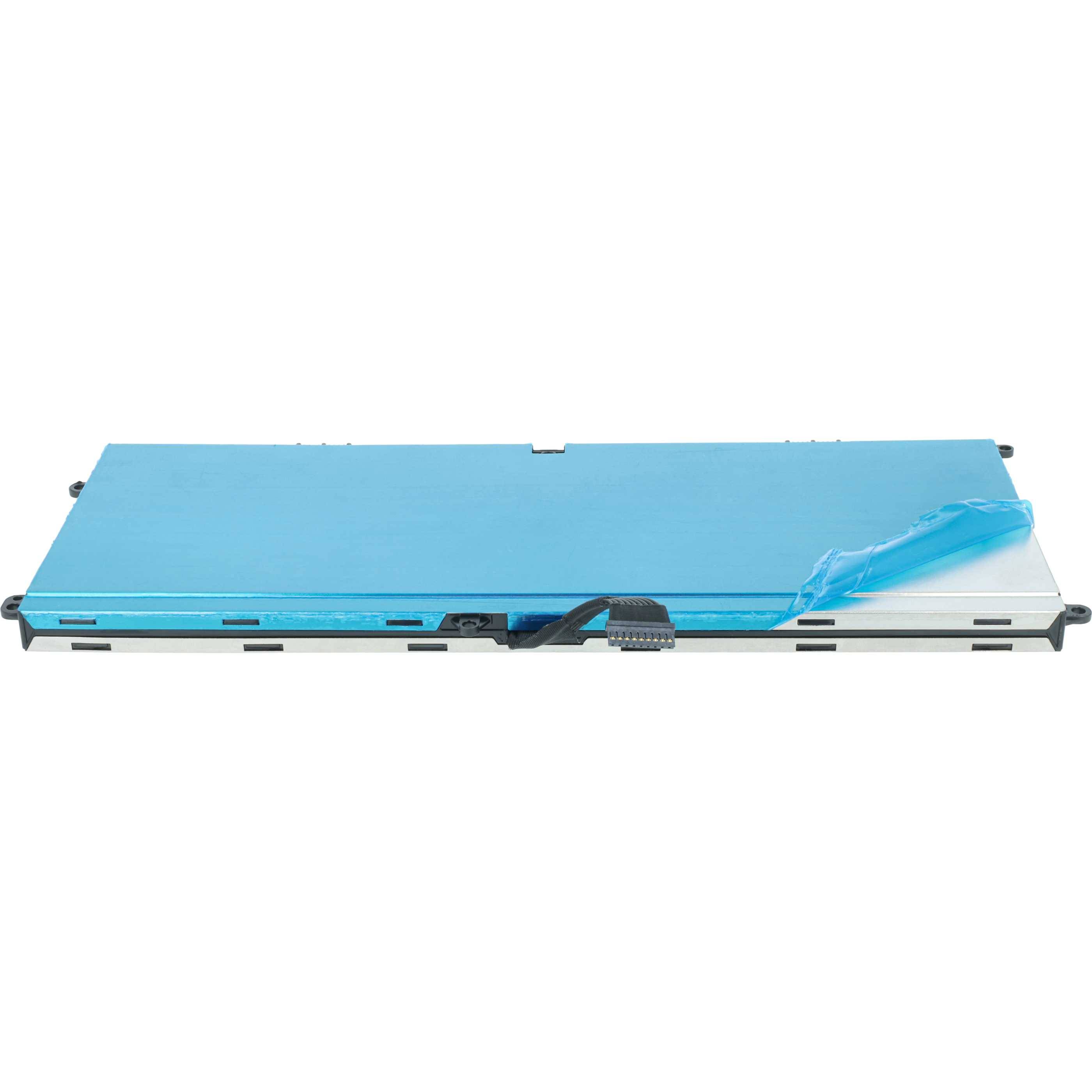 Ein blauer Lithium-Ionen-Laptop-Akku mit teilweise abgelöstem Schutzfilm, der Anschlüsse und ein schlankes rechteckiges Design zeigt.