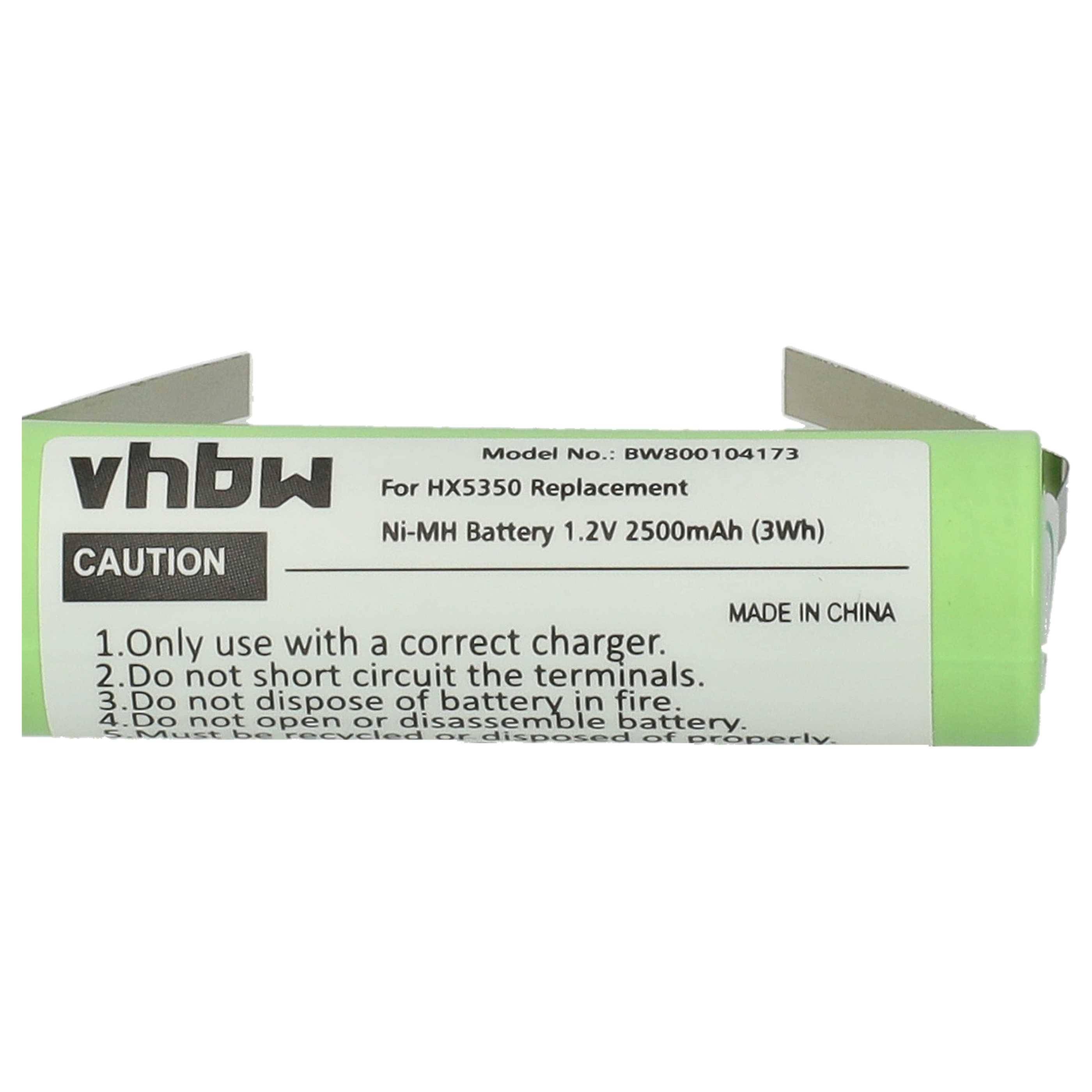 VHBW Ni-MH Ersatzbatteriepackung für HX5350, gekennzeichnet mit 1,2V 2500mAh und 'VORSICHT', hergestellt in China.