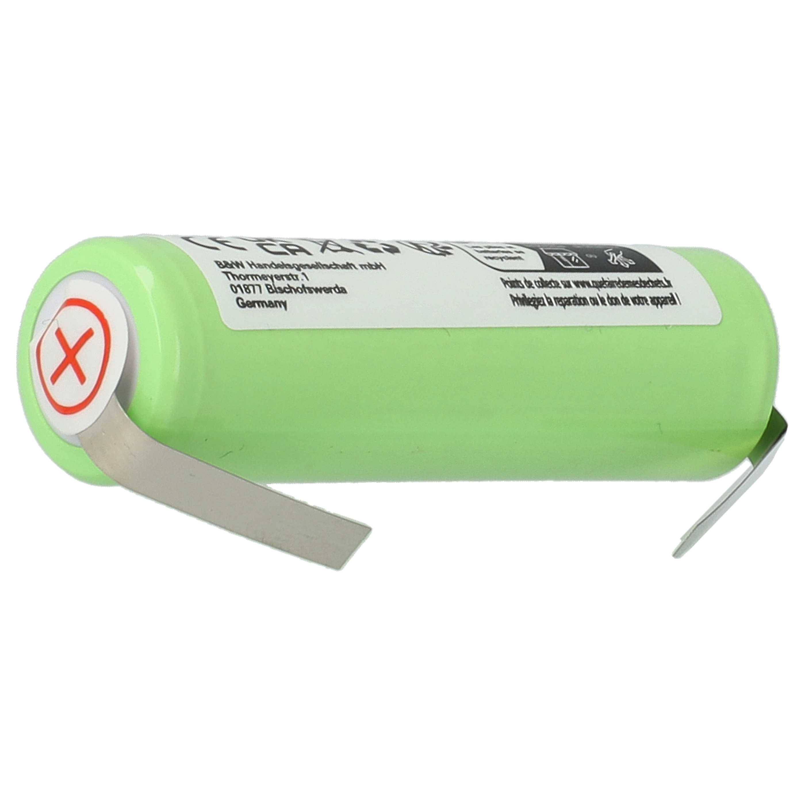 Grünes zylindrisches Batteriepaket mit Warnschild und rotem X am linken Ende, auf weißem Hintergrund dargestellt.