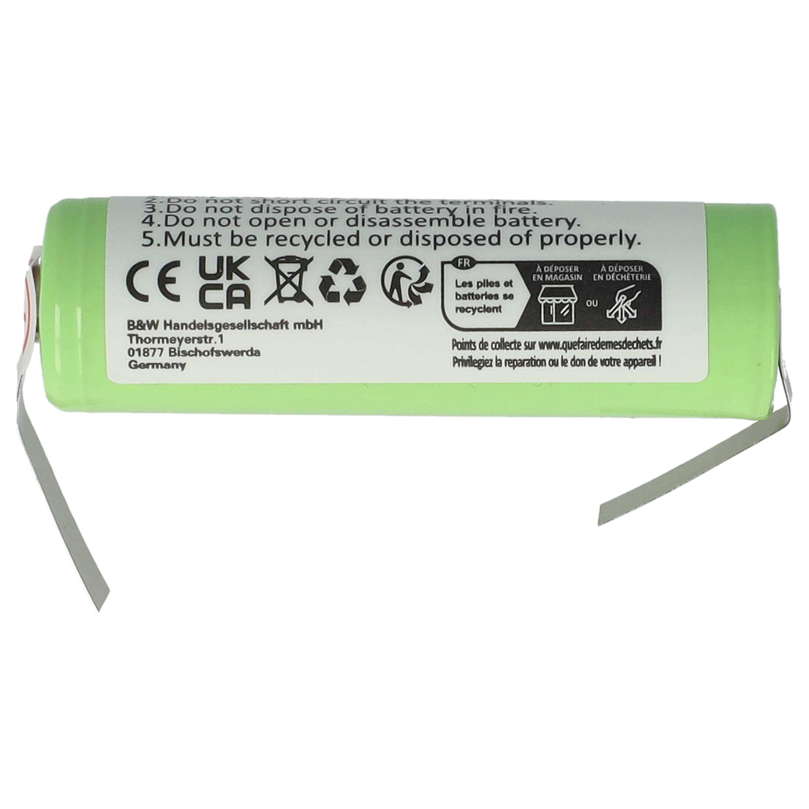 Grüner zylindrischer wiederaufladbarer Batterieblock mit Warnschild, Recycling-Symbolen und zwei grauen Drahtleitern, die sich von den Enden erstrecken.
