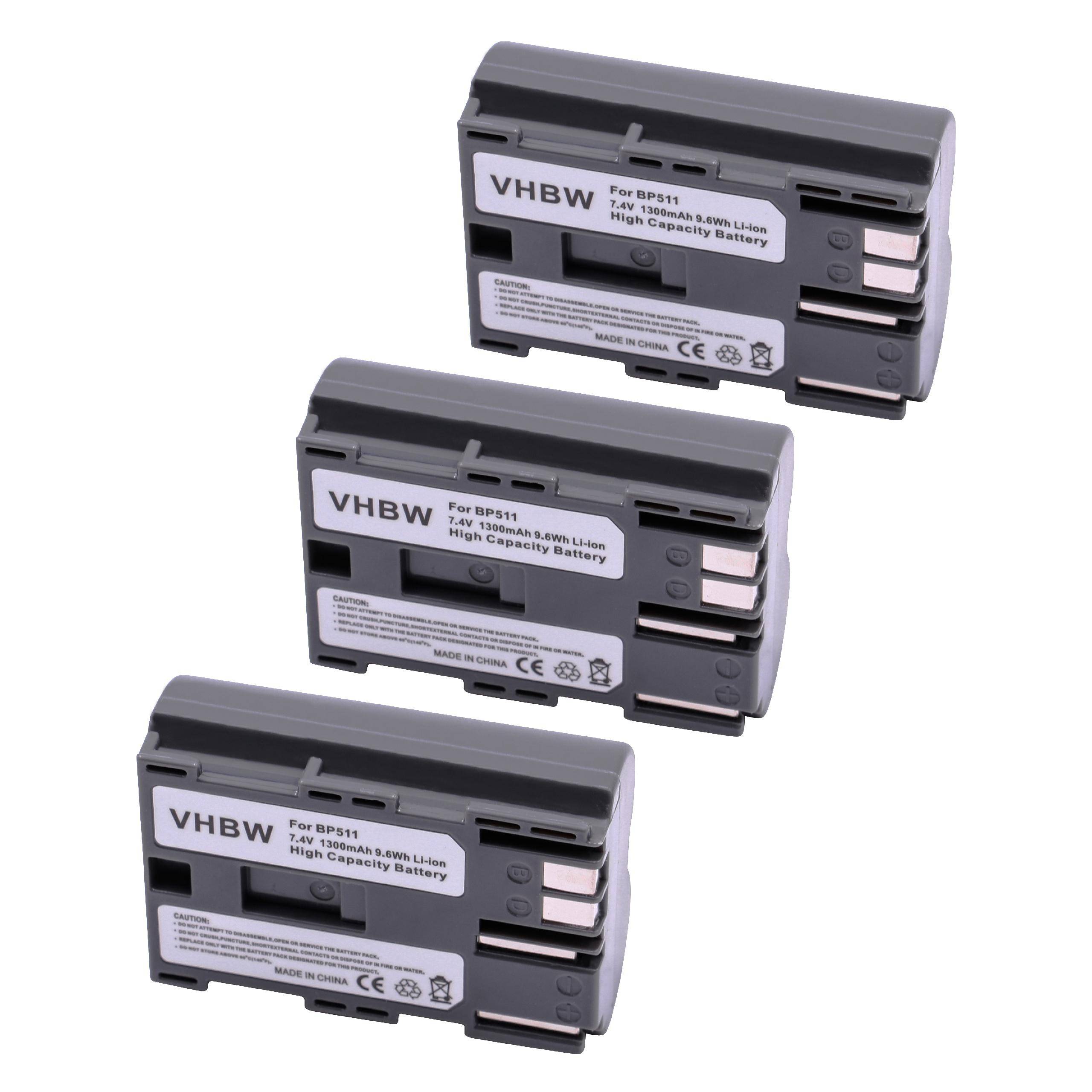 vhbw 3x Akku kompatibel mit Canon EOS D30, D60, D20, 5D, 10D, 300D, 50D, 1D, 40D, D10, 20D, 30D Kamera (1300 mAh, 7,2 V, Li-Ion)