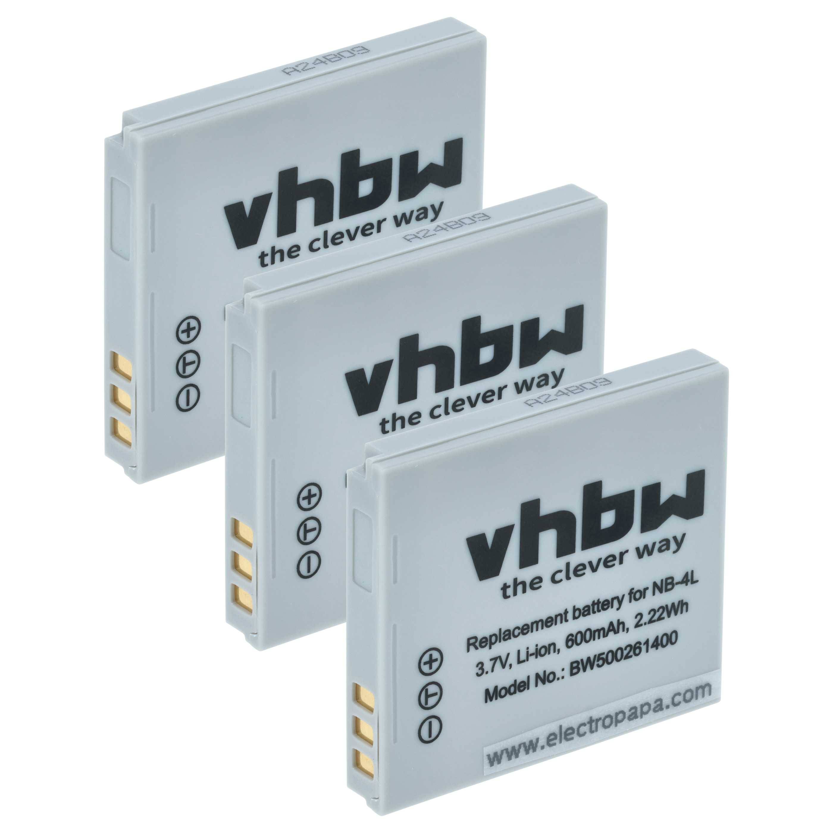 Drei vhbw Marken-Lithium-Ionen-Ersatzbatterien für NB-4L, jeweils 600mAh/2,22Wh, Modellnummer BW500261400.