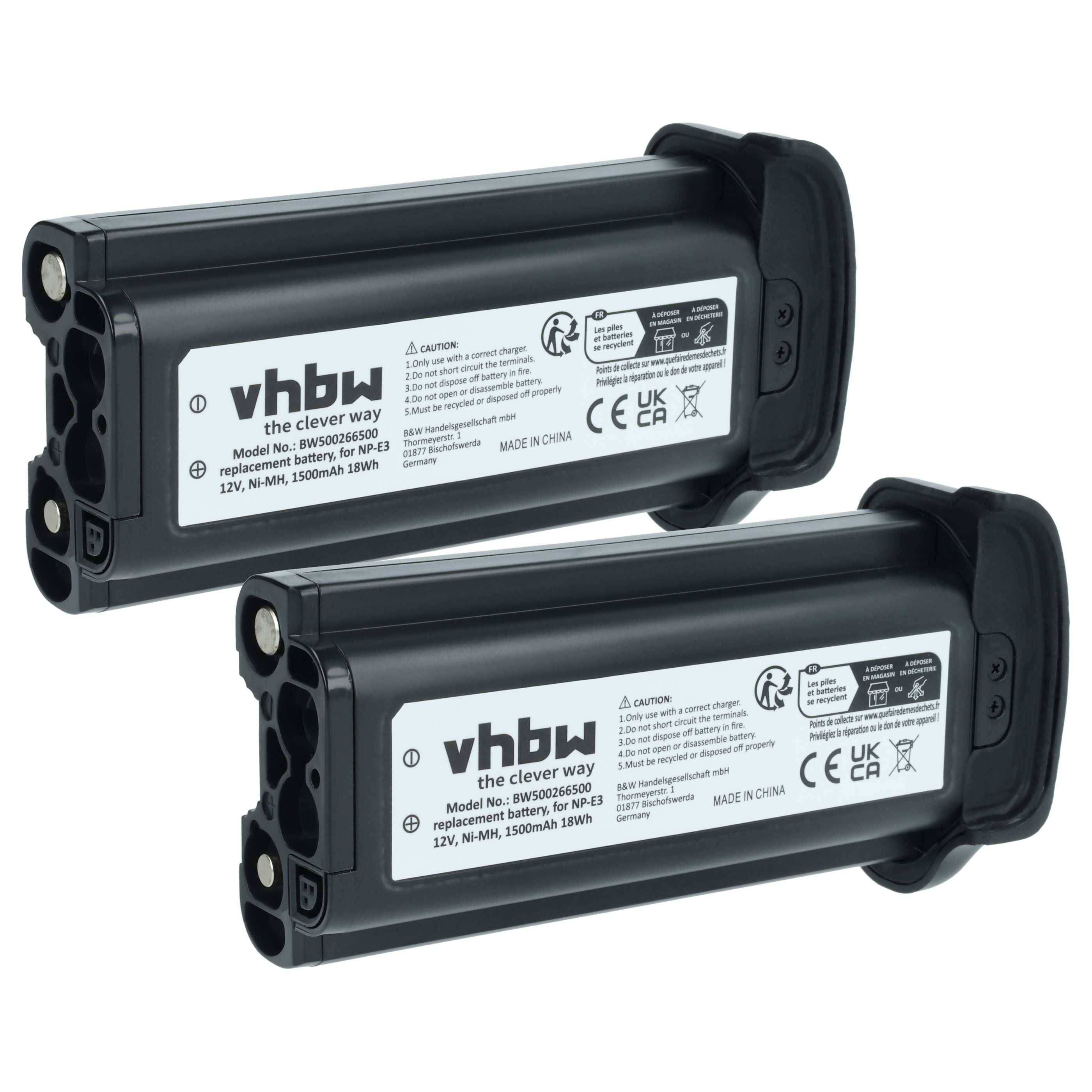 Zwei schwarze vhbw Akkus mit Etiketten, auf denen technische Spezifikationen angegeben sind, einschließlich 12V, Ni-MH, 1500mAh, 18Wh.