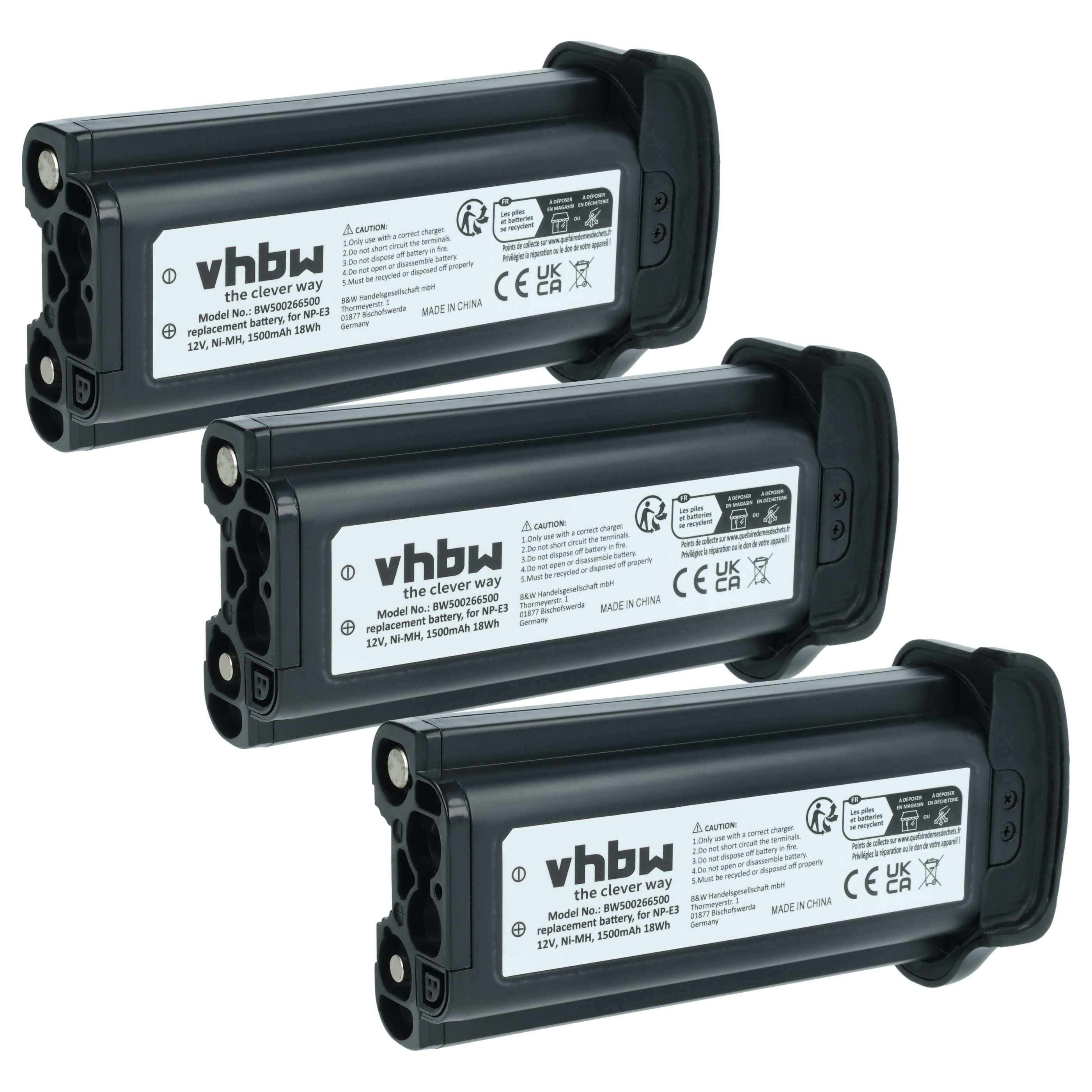 Drei schwarze vhbw Lithium-Ionen-Akkupacks mit der Bezeichnung „the clever way