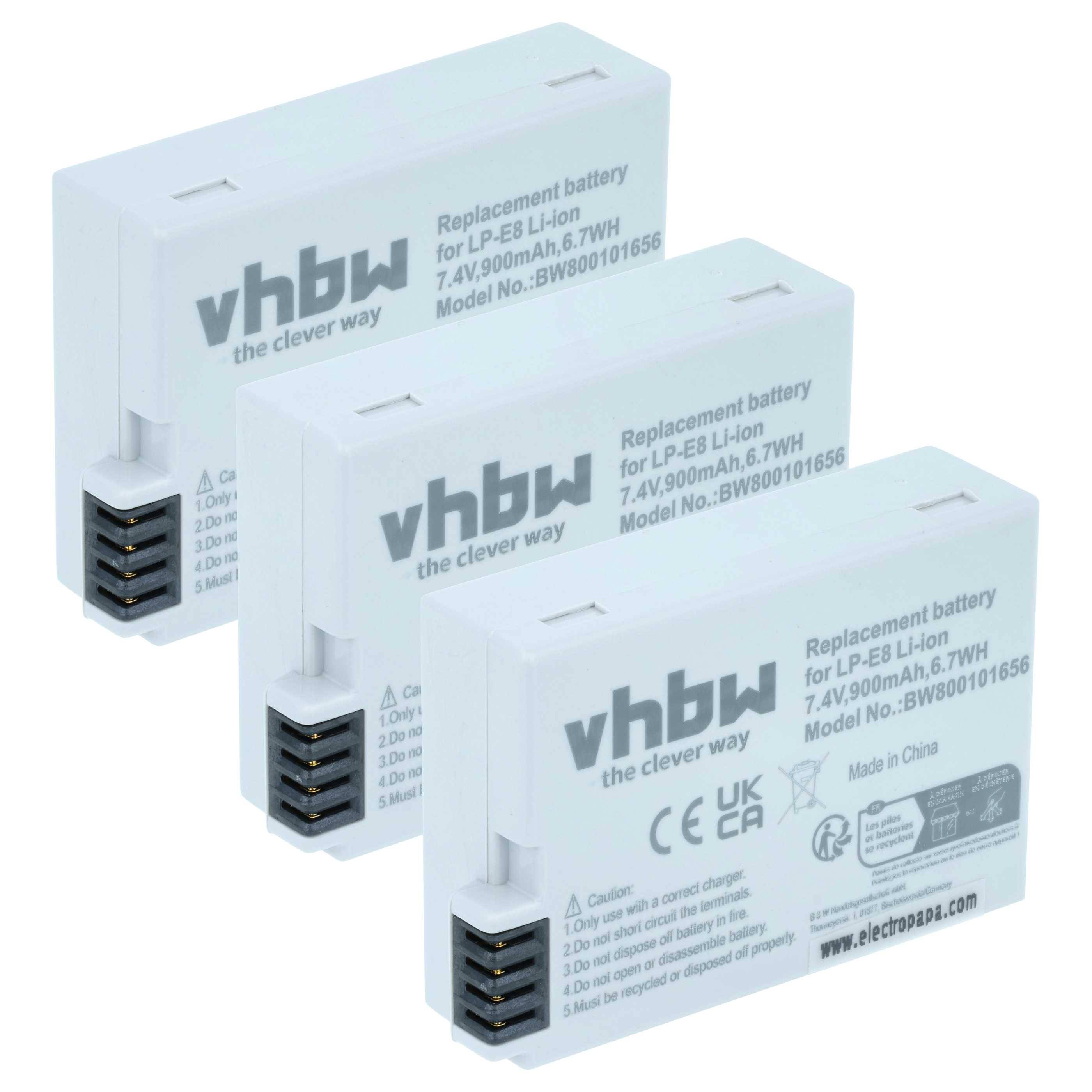 Drei vhbw Ersatzakkus für LP-E8, Lithium-Ionen, 7,4V, 900mAh, 6,7Wh, Modellnummer BWB0011656, in Verpackung mit Kennzeichnung dargestellt.