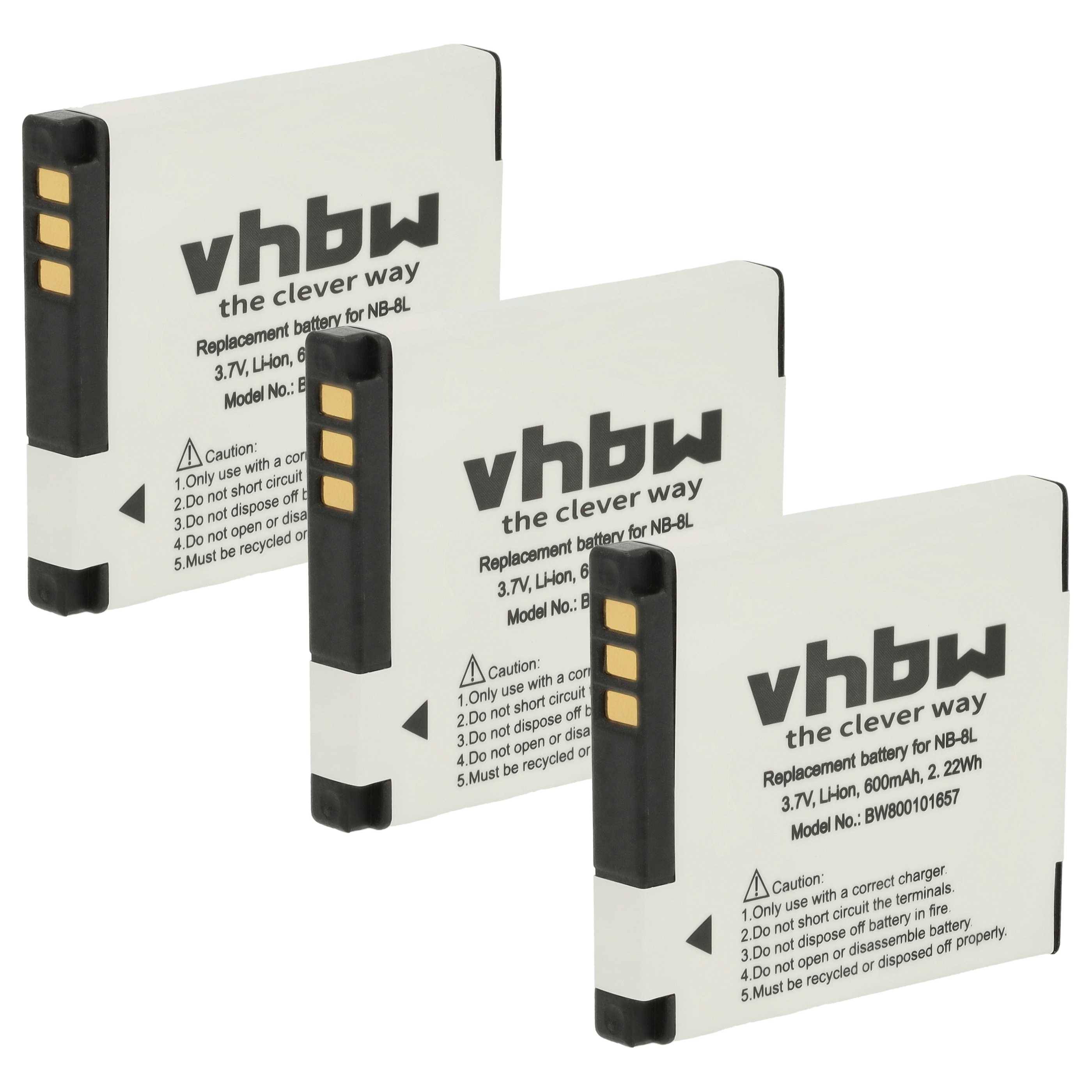 vhbw 3x Akku kompatibel mit Canon PowerShot A3200 IS, A3100 IS, A3150 IS, A3300 IS, A3000 IS, A2200 Kamera (600 mAh, 3,6 V, Li-Ion)