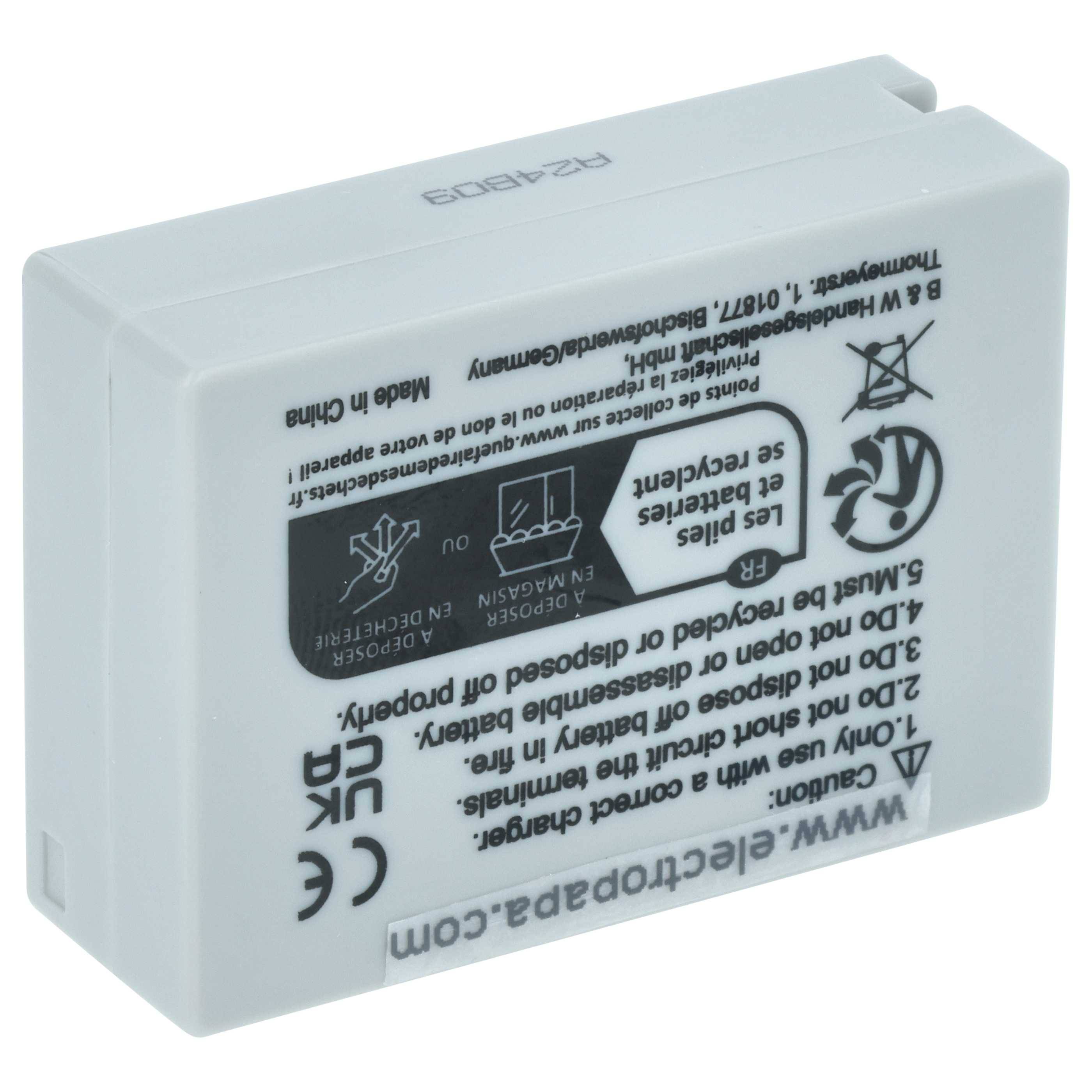 Ein wiederaufladbarer Akkupack mit der Bezeichnung 'www.electropapa.com' enthält Sicherheitssymbole und Spezifikationen wie 7,2V, 1200mAh und 8,6Wh.