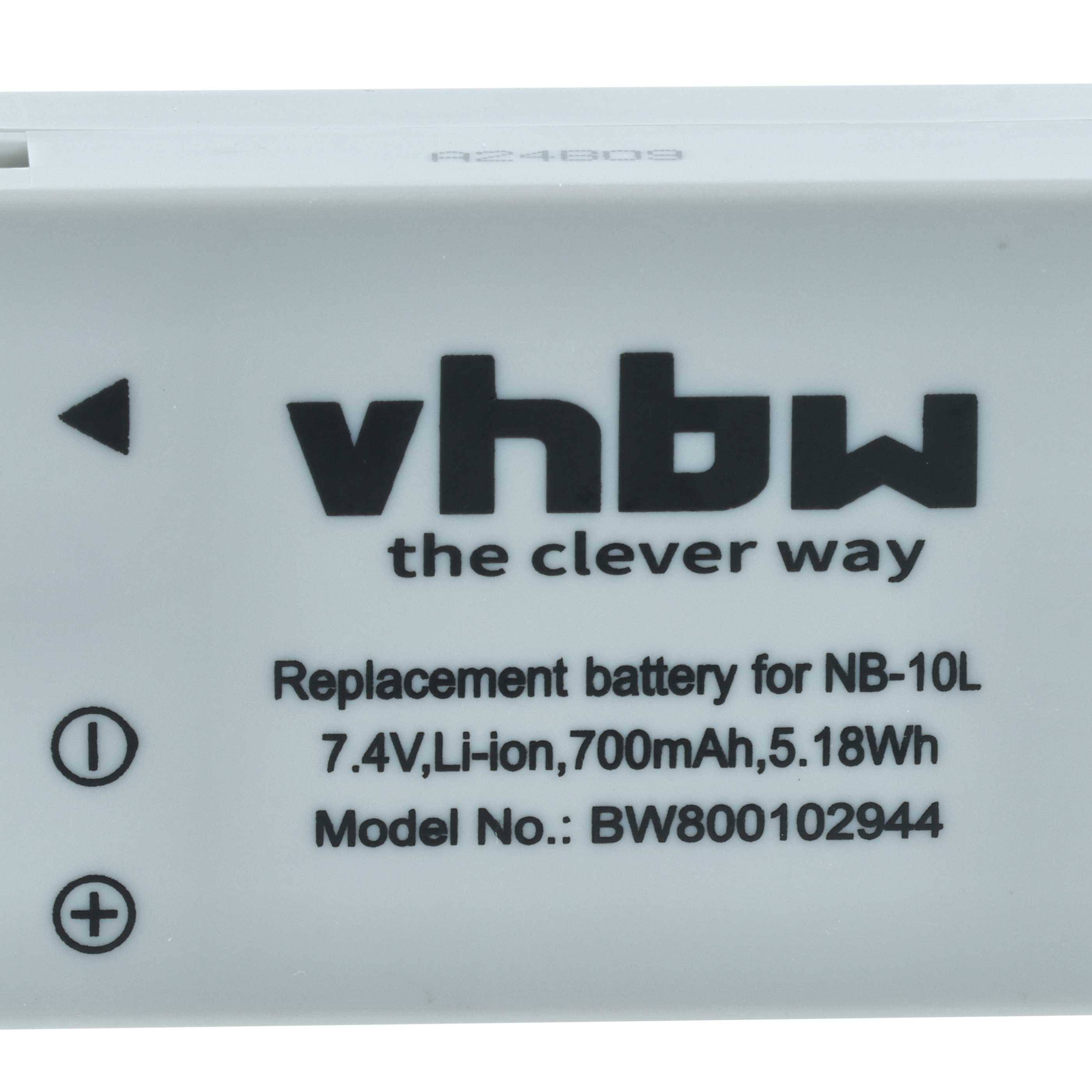 Eine Batterie mit der Aufschrift 'vhbw the clever way' für NB-10L mit 7,4V, Li-Ion, 700mAh, 5,18Wh Spezifikationen, Modellnummer BW800102944.