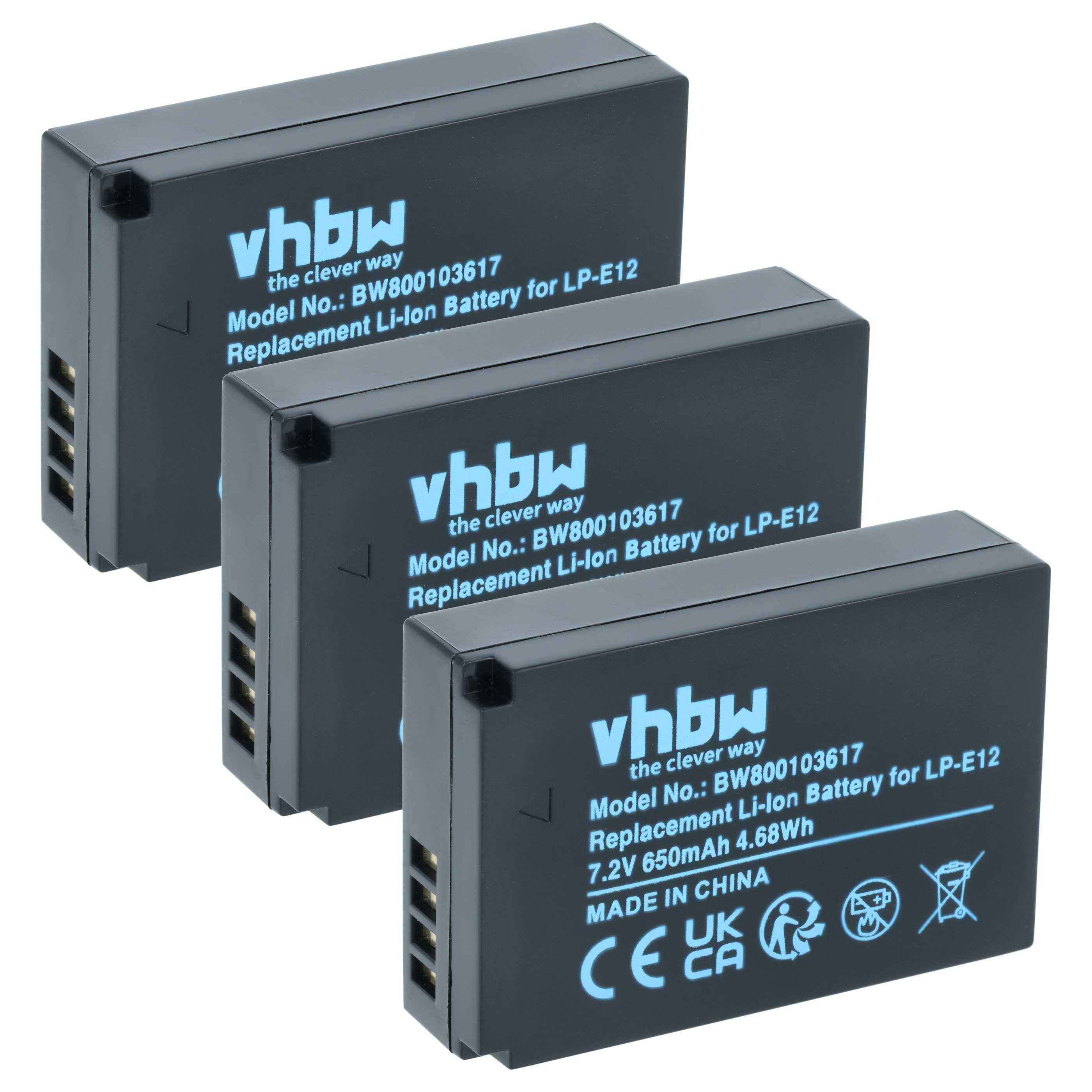vhbw 3x Akku Ersatz für Canon LP-E12 | für Kamera (650 mAh, 7,2 V, Li-Ion)