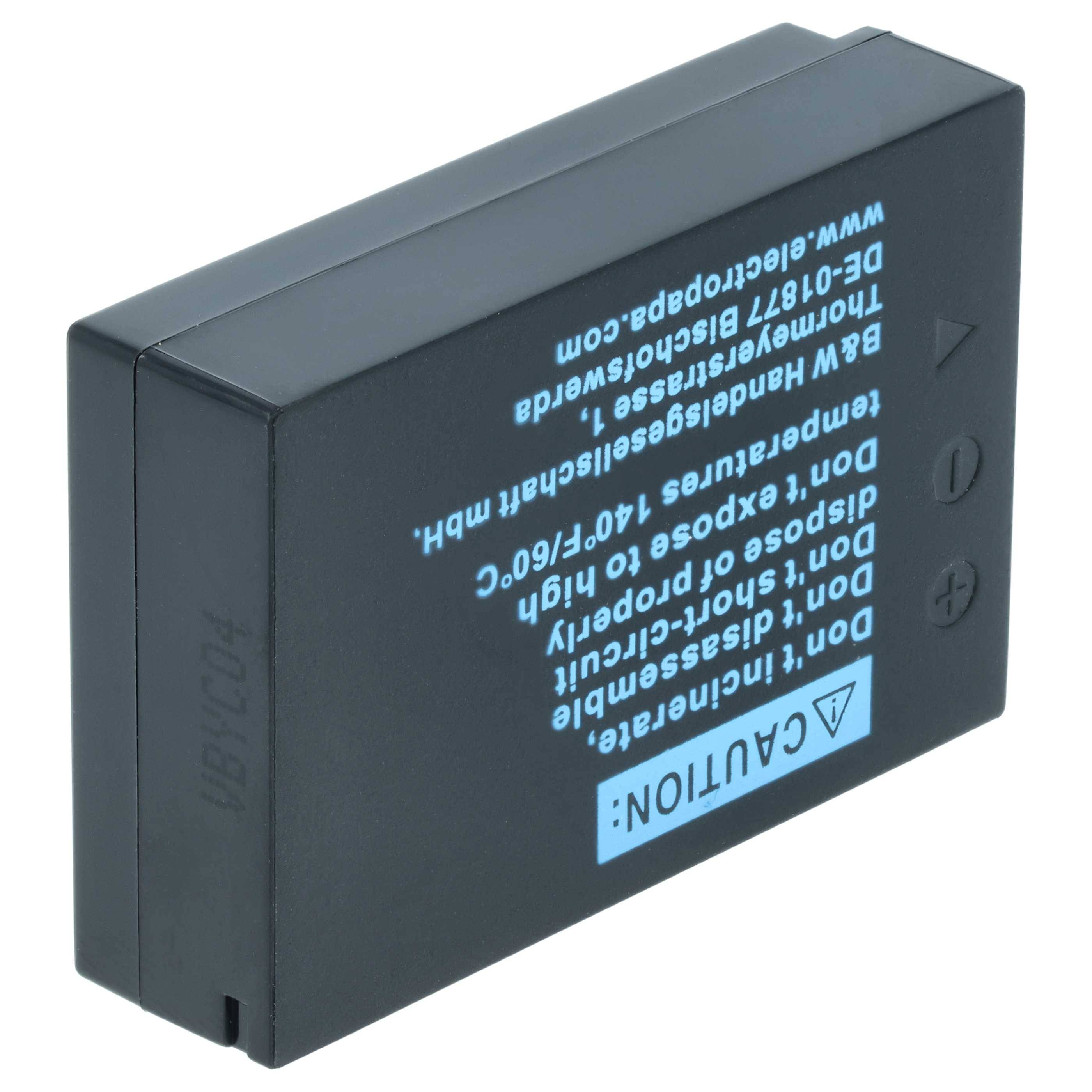 Schwarzes wiederaufladbares Batterieset mit gedruckter Warnung und Spezifikationen, in Perspektive auf weißem Hintergrund dargestellt.