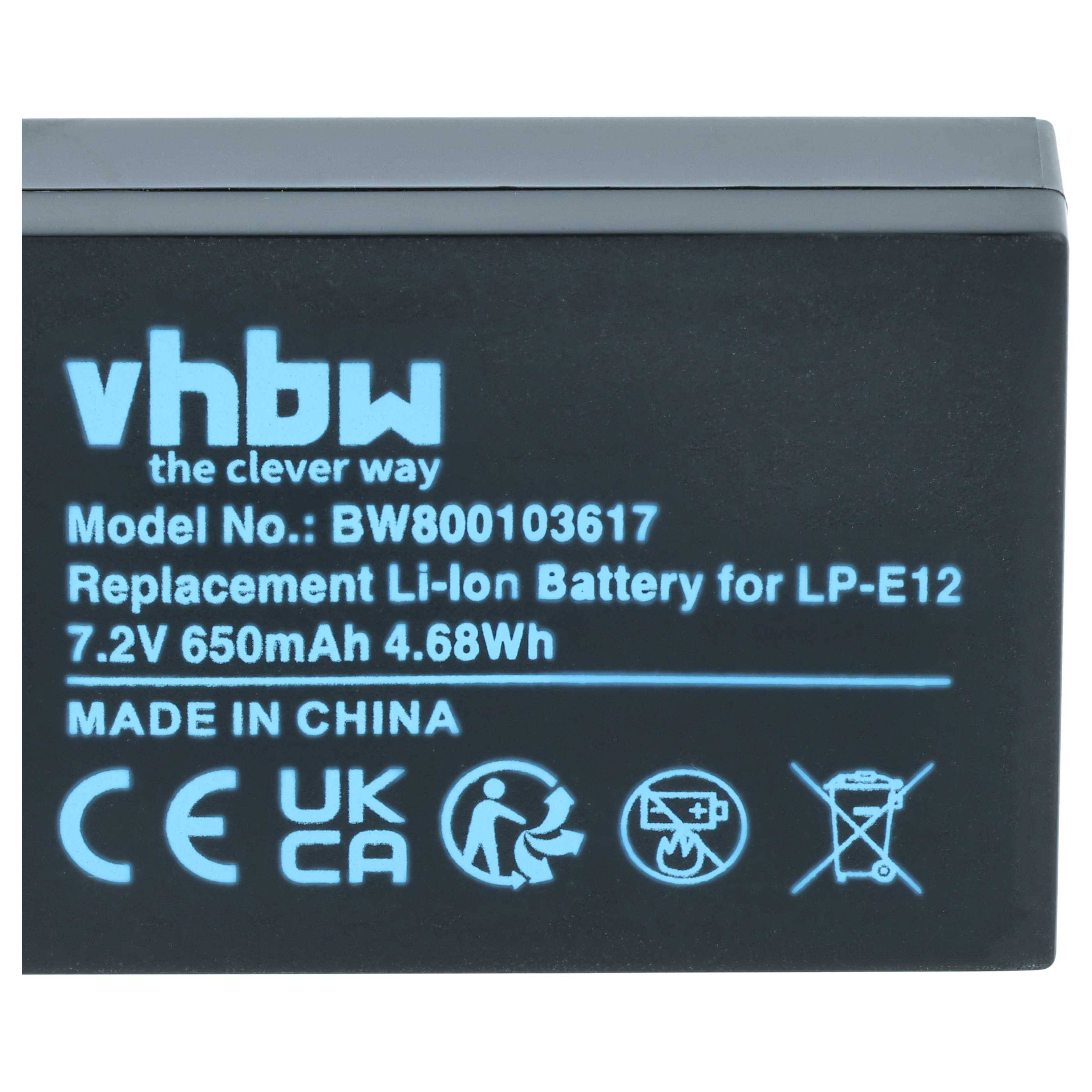 vhbw Ersatz-Li-Ionen-Kamerabatterie-Etikett für LP-E12, 7,2V 650mAh, hergestellt in China, mit Sicherheits- und Recycling-Symbolen