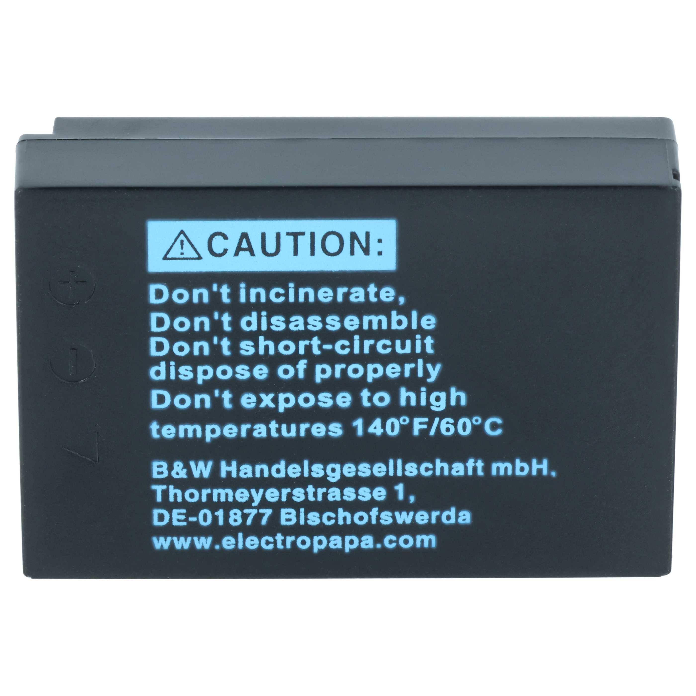 Schwarzer wiederaufladbarer Akku mit Warnschild mit der Warnung, nicht zu verbrennen, zu zerlegen, kurzzuschließen oder Temperaturen über 140°F/60°C auszusetzen.