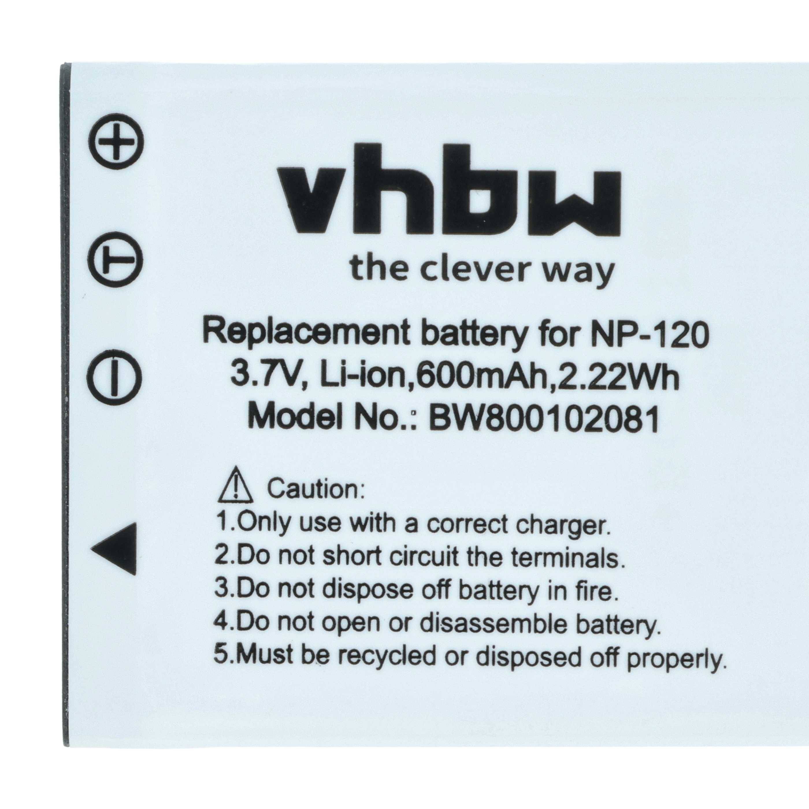 vhbw the clever way' Markenbatterie für NP-120. Spezifikationen: 3,7V, 600mAh, 2,22Wh. Anleitung: Verwenden Sie ein geeignetes Ladegerät, vermeiden Sie Kurzschlüsse, entsorgen Sie ordnungsgemäß.