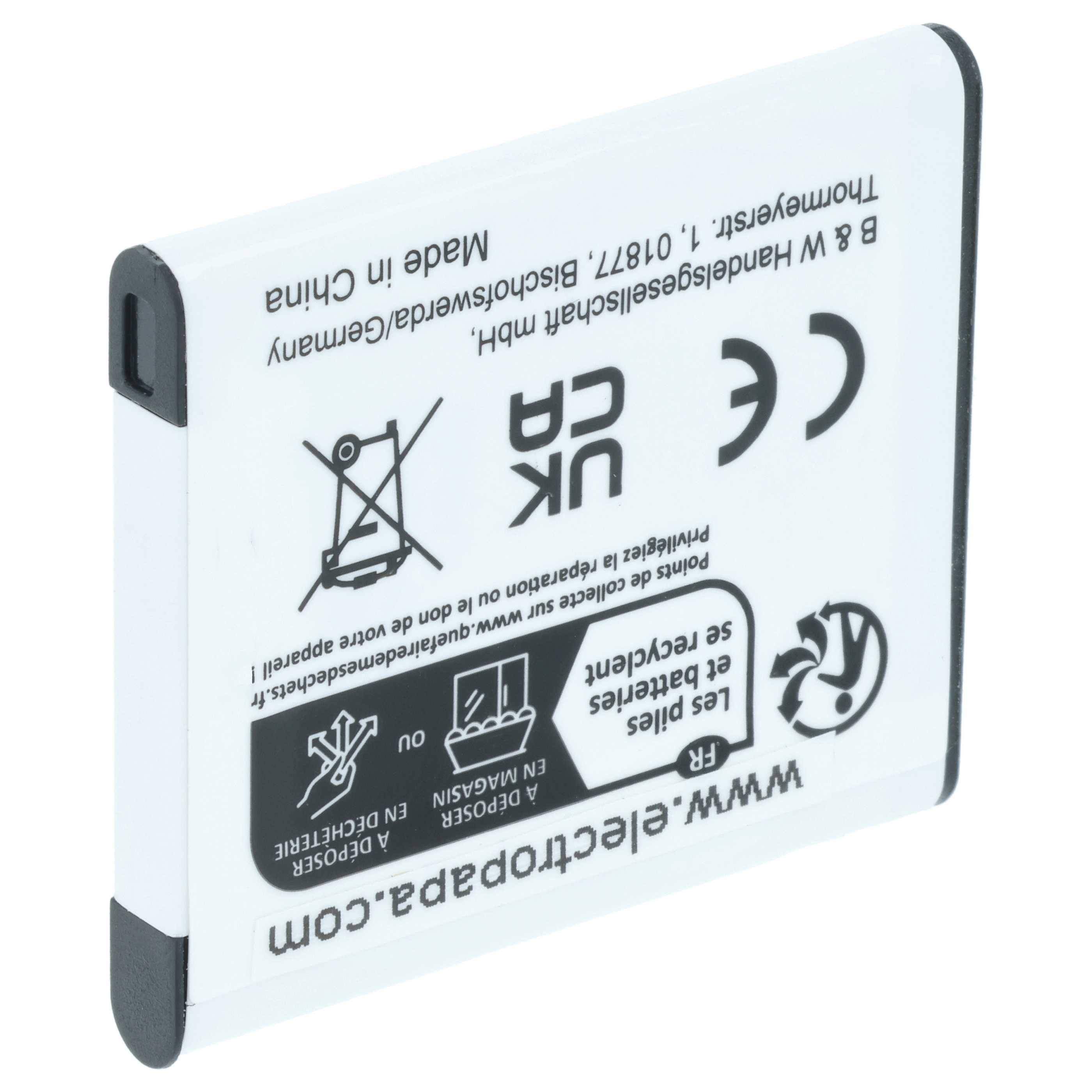 Ein rechteckiger, wiederaufladbarer Akku mit verschiedenen Zertifizierungssymbolen und Sicherheitswarnungen, gekennzeichnet mit „Made in China