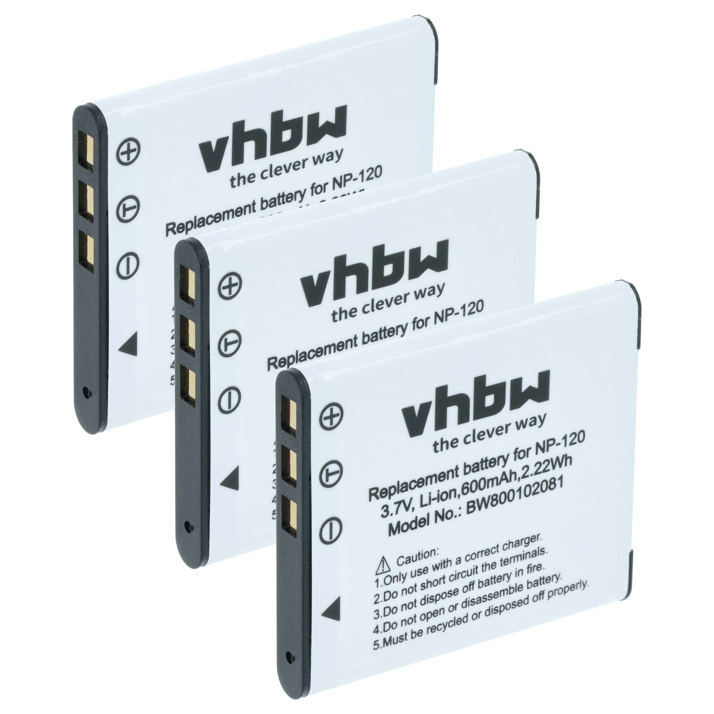 Drei weiße vhbw Ersatzbatterien für NP-120 in einer Reihe angeordnet, jeweils mit 3,7V, 600mAh und 2,22Wh Spezifikationen.