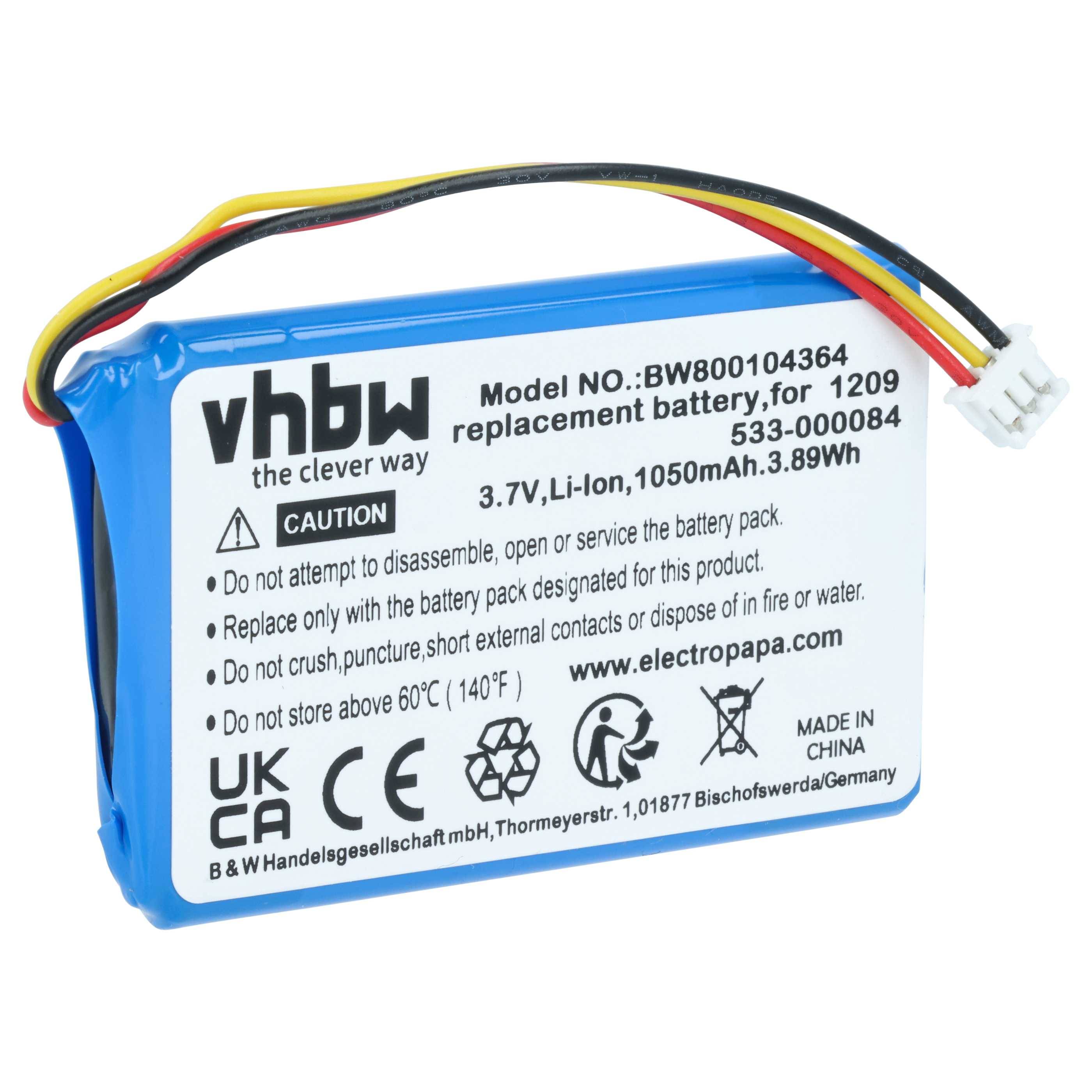 vhbw Ersatzakku für 1209, Modell-Nr.: BW00104364, 3,7V, Li-Ion, 1050mAh, 3,89Wh.' Enthält Hinweise zur sachgemäßen Verwendung.