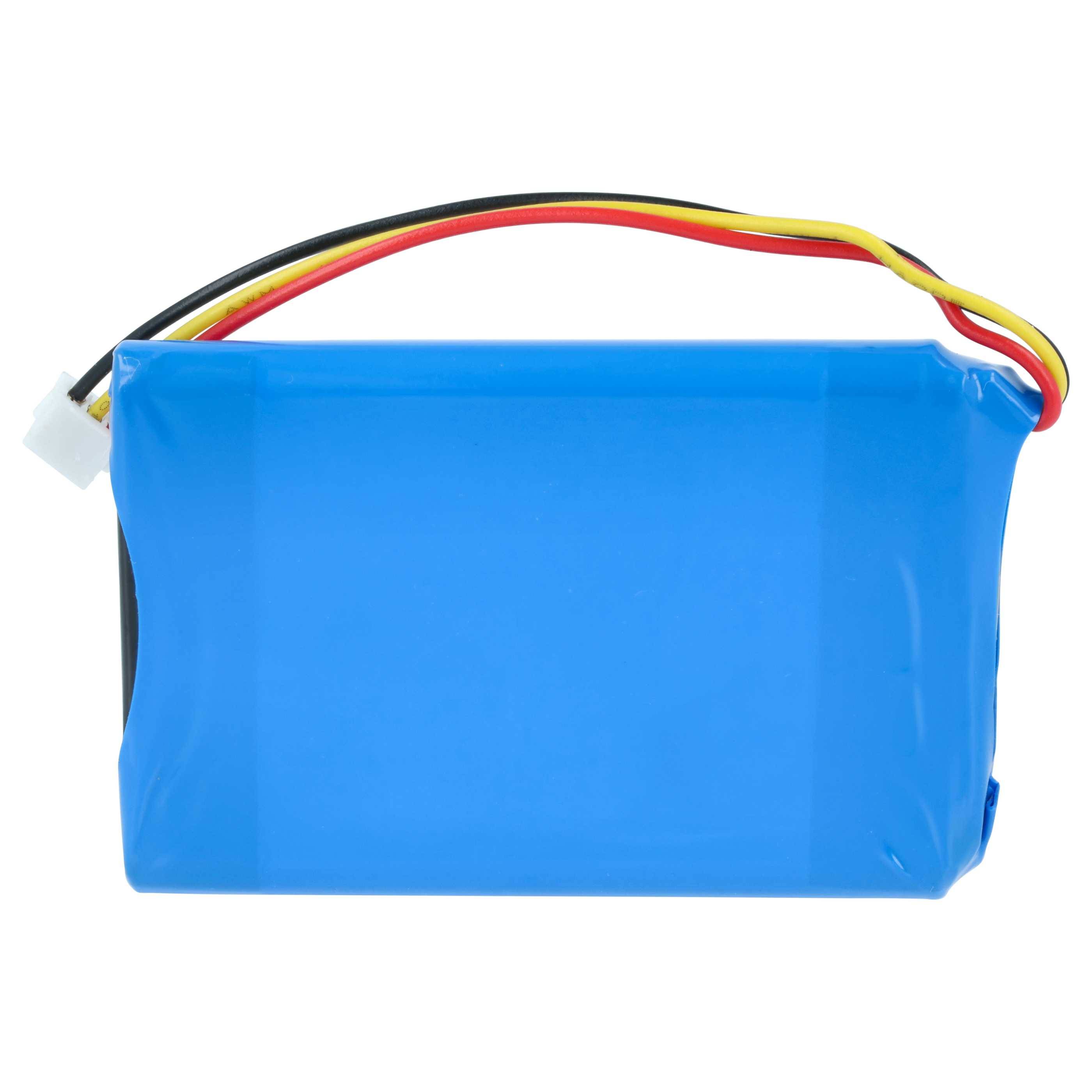 Ein rechteckiger blauer Lithium-Ionen-Akkupack mit roten, gelben und schwarzen Kabeln, die an einem Ende herausragen, der häufig in elektronischen Geräten verwendet wird.