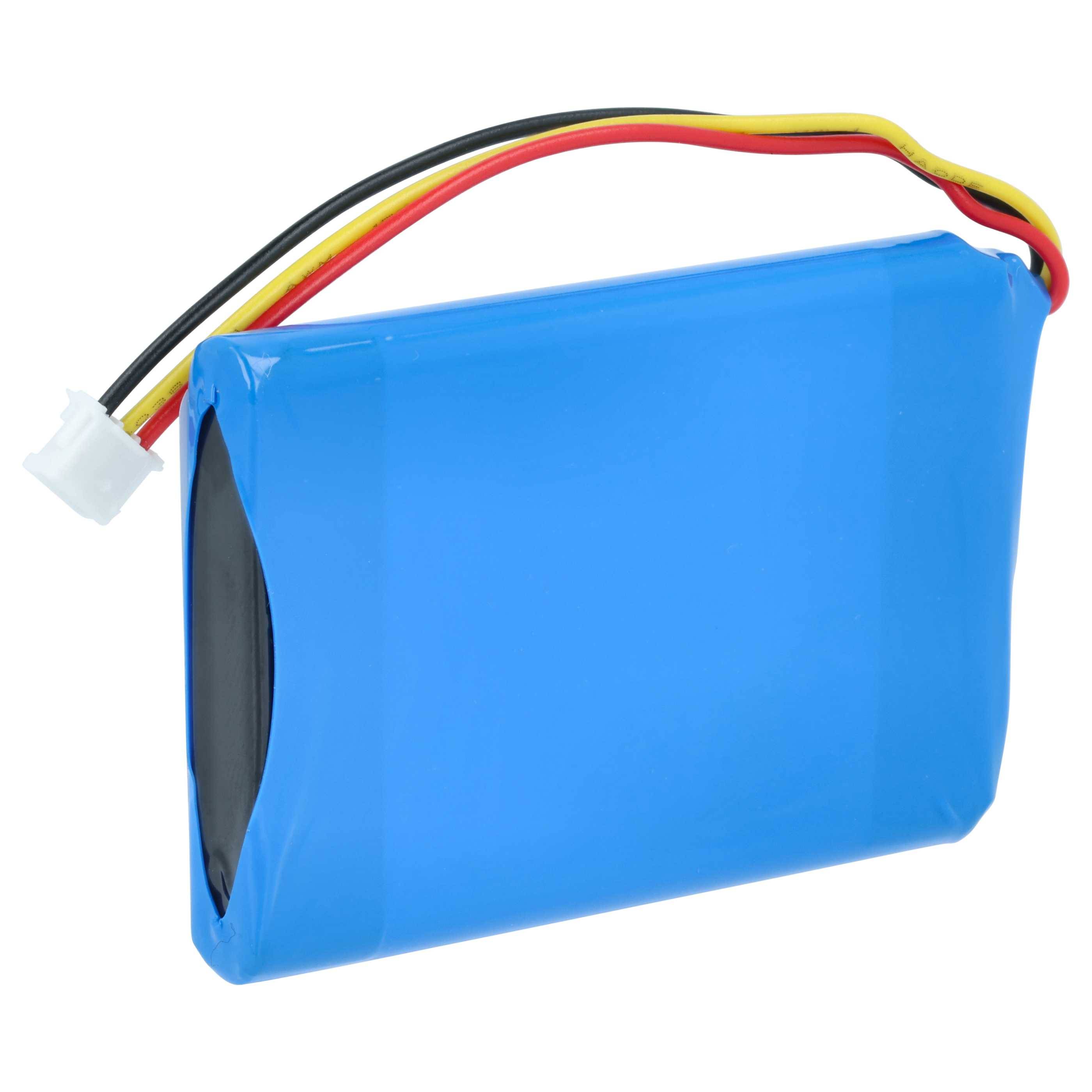 Eine blaue rechteckige Lithium-Polymer-Batterie mit angeschlossenen roten, schwarzen und gelben Kabeln an einem Ende.