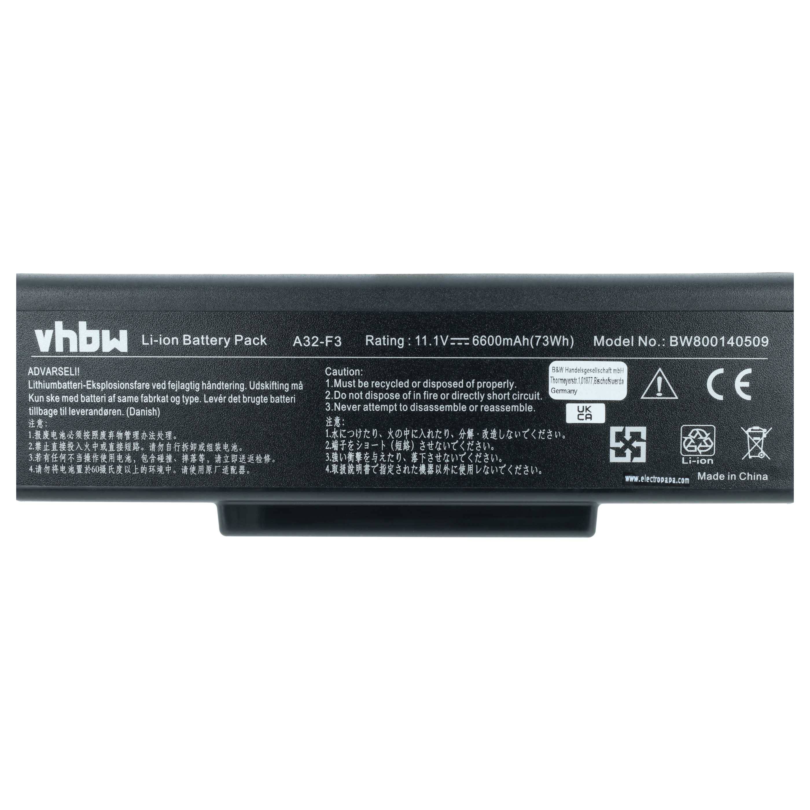 vhbw Akku Ersatz für Asus A42-A9, A33-Z96, A33-Z94, BATSQU528, BTY-M66, BATEL80L6 für Notebook (6600 mAh, 11,1 V, Li-Ion)