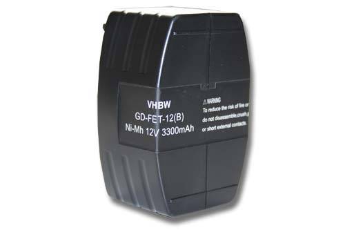 Eine schwarze Batterie mit der Bezeichnung „VHBW GD-FET-12(B) Ni-Mh 12V 3300mAh