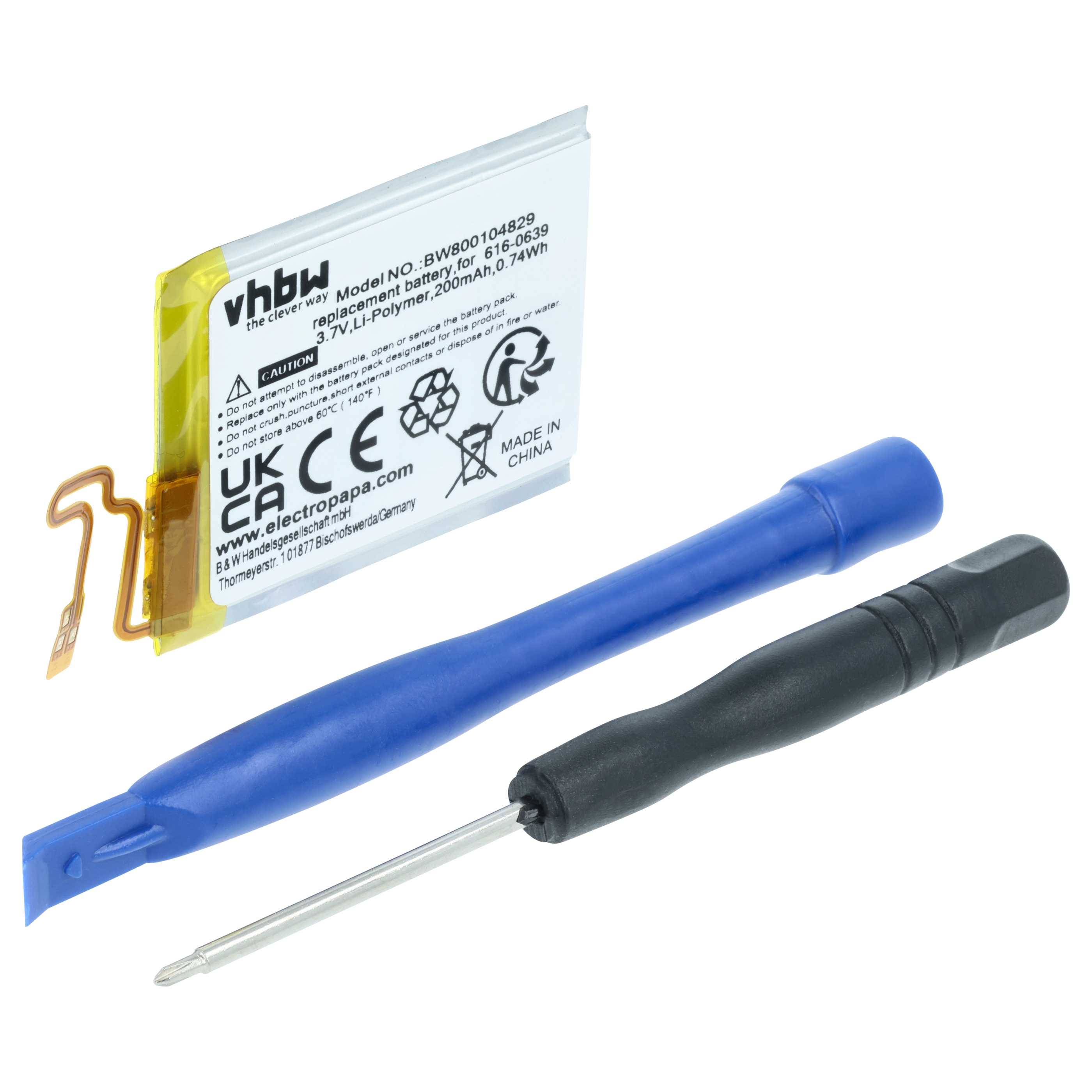 vhbw Akku kompatibel mit Apple iPod Nano 7G, 7. Generation MP3-Player Musik Player (200 mAh, 3,7 V, Li-Polymer) - Ersatz für 616-0639, 616-0640