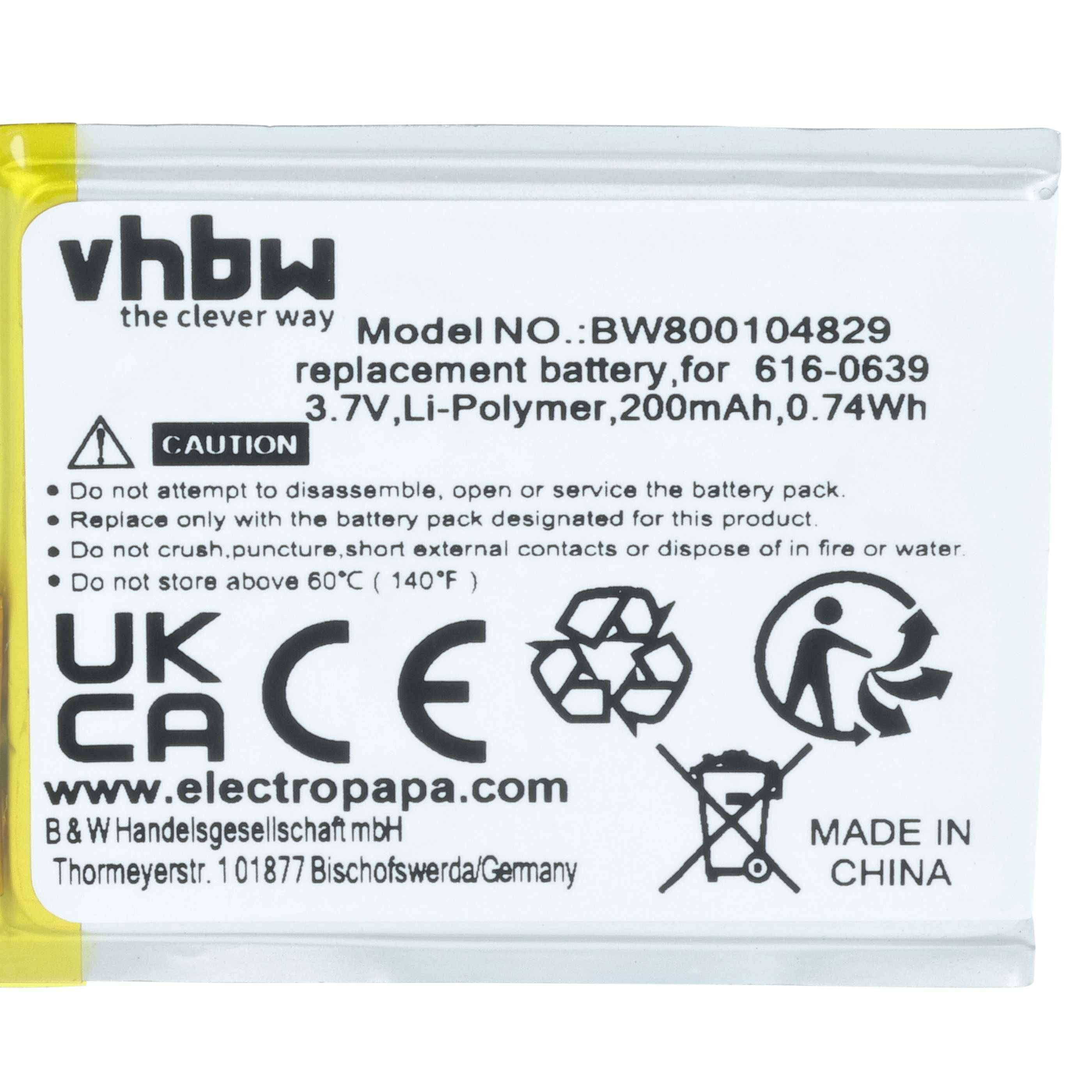 VHBW Ersatzbatterie Kennzeichnung für Modell BW800104829, 3,7V Li-Polymer 200mAh, mit Vorsichtshinweisen und Recycling-Symbolen.