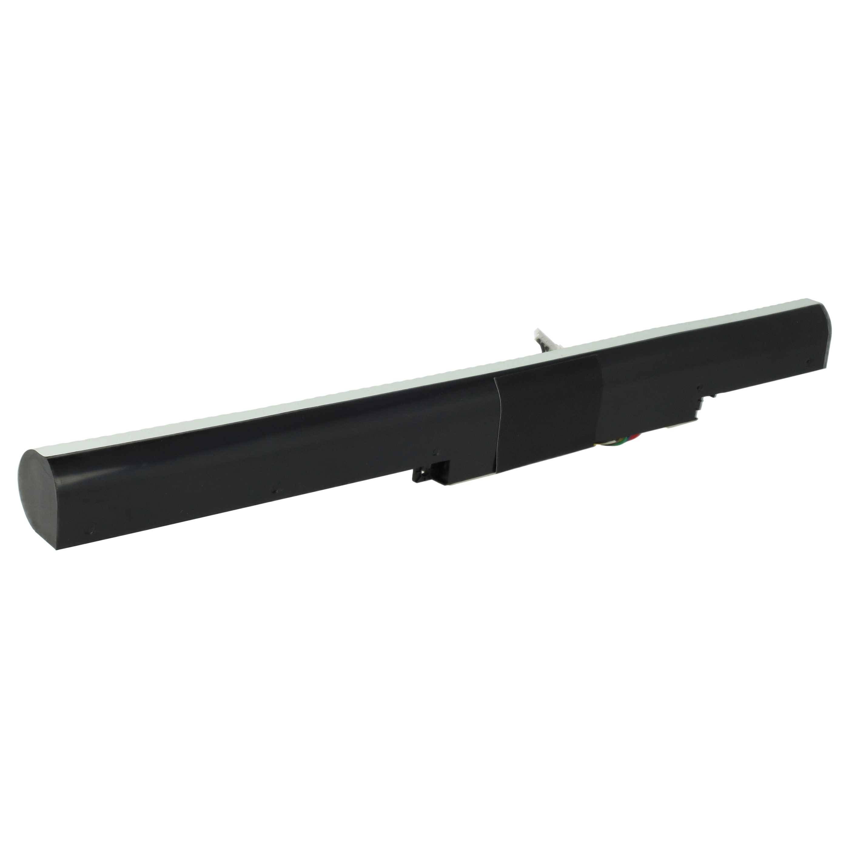 Eine schwarze, längliche Laptop-Batterie mit einer zylindrischen Form, die einen kleinen Anschluss an der Seite aufweist.